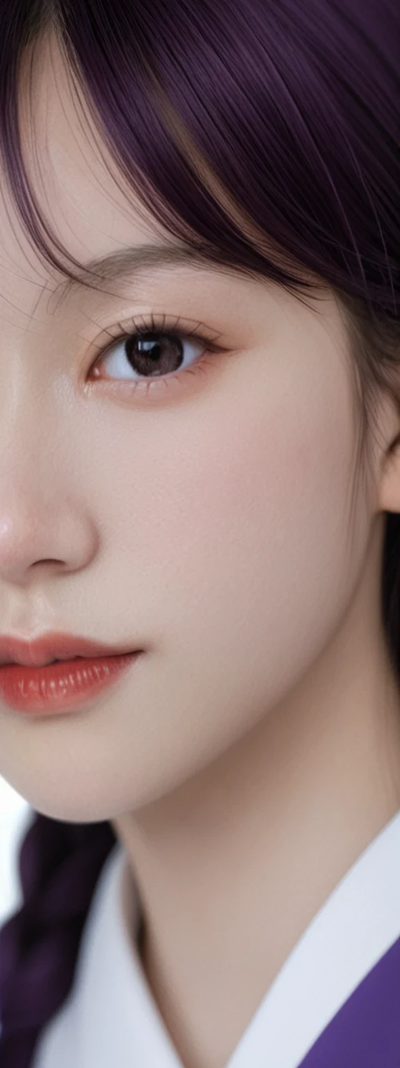 Close-up of a woman wearing a purple bow on her head, anime styled 3d, Anime style. 8K, Stunning anime face portrait, High quality detailed art in 8K, Realistic anime 3 D style, 3 d anime realistic, 3d anime girl, 4k highly detailed digital art, Guviz-style artwork, Cute detailed digital art