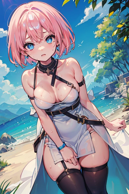1 girl, high quality, (short hair), pink hair, forehead, blue eyes, (medium breast), (straps on thighs:1.3), blue sky, nature, (stocking), (sweaty:1.1), (nipples:0.8), thick thighs, (middle Ages:1.2), (long dress)