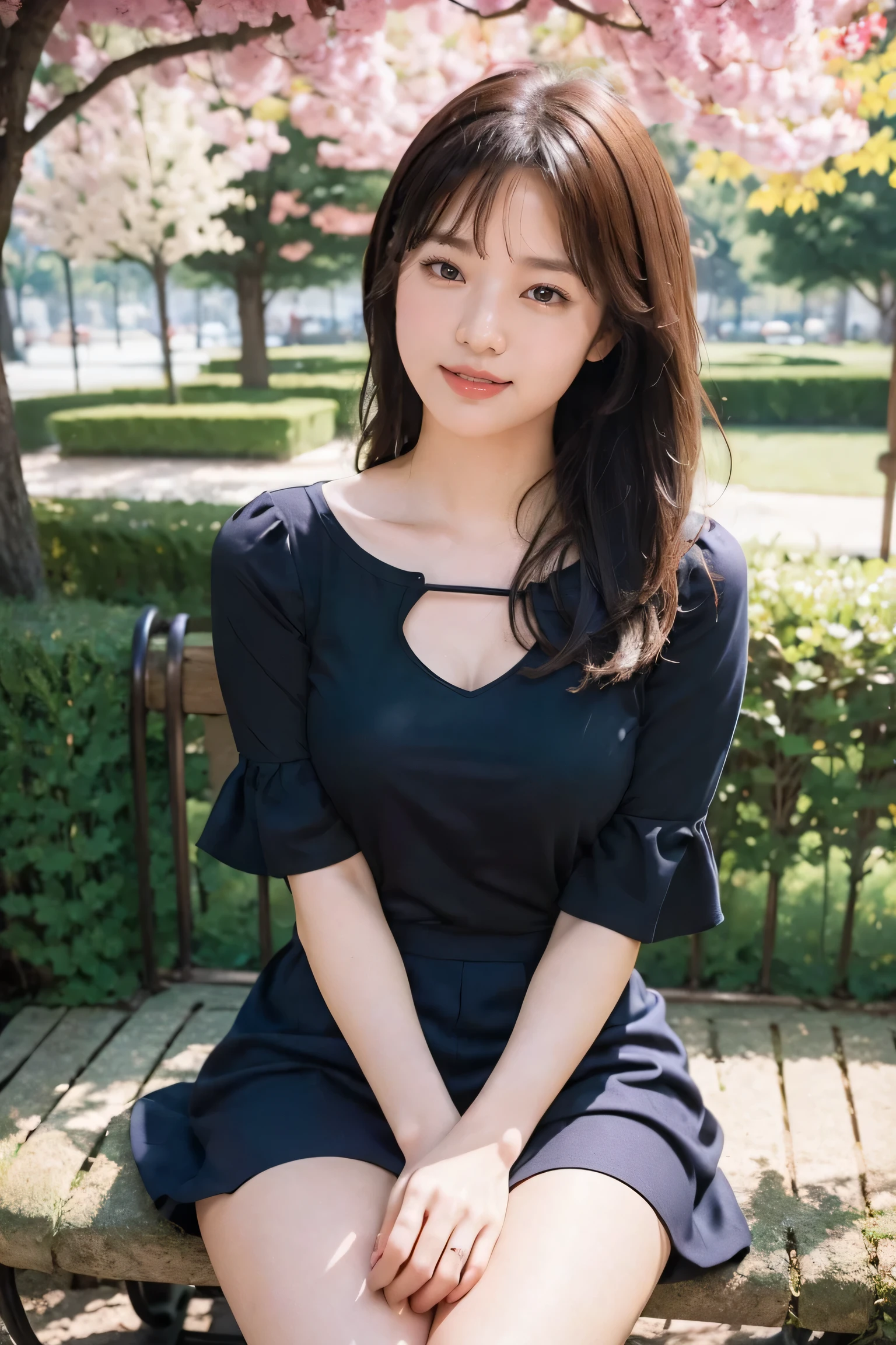 highest quality, flying debris, Realistic, High resolution, 8k RAW Photos,alone, One Girl, 30 years old、Eat soft serve ice cream、smile、blouse、Pink Skirt、High heels、Hold the soft-serve ice cream in both hands、On a park bench