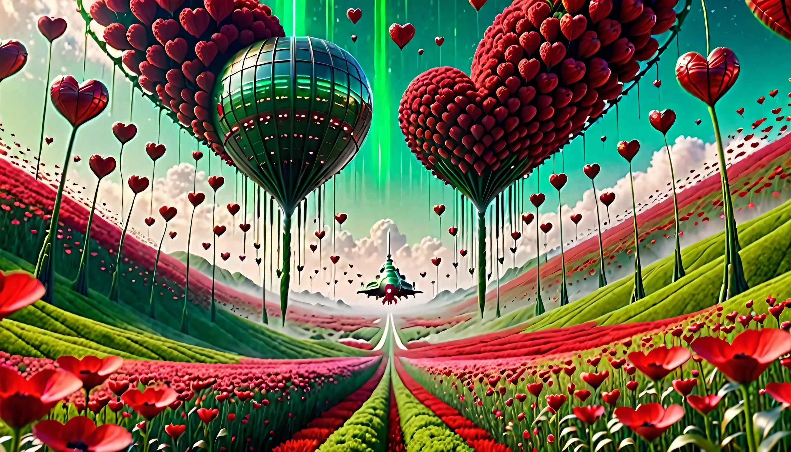 "A sweeping shot fantastic frame cinematography of the sci-fi space ship descending towards the fields of abstract red heart flowers, the red heart-shaped flowers on tall, thin stems creating a mesmerizing pattern against the green landscape."
