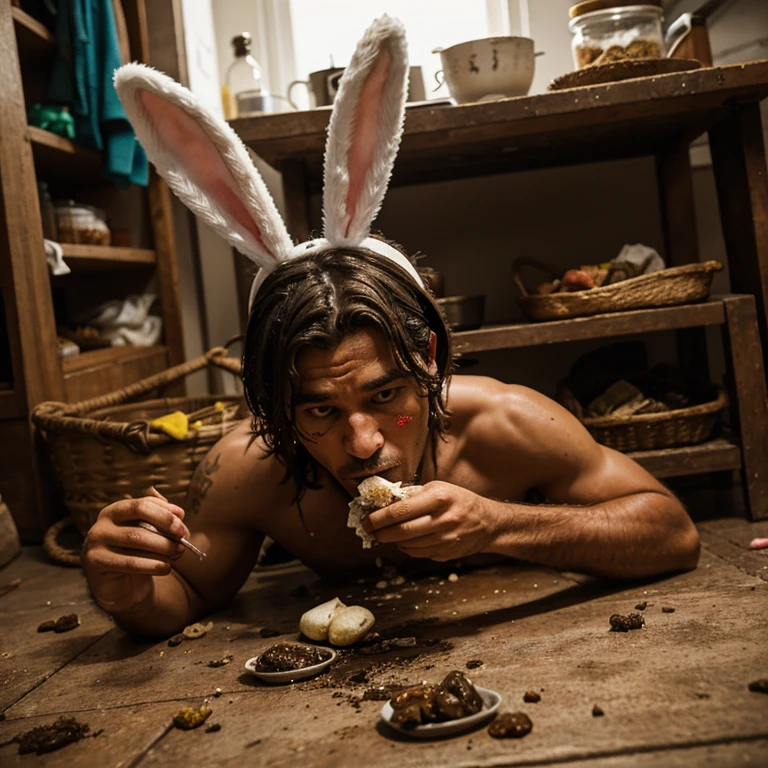 A man with bunny ears eats fickles from the floor, everything around is covered in feces and dirt 