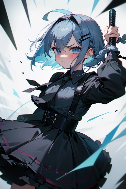 Short white hair, blush, Gothic Lolita、Punk Fashion、Headbang 2.、Blue and black clothes、Braiding、2 hair clips、Tie your hair、Angry、Bazooka in hand、