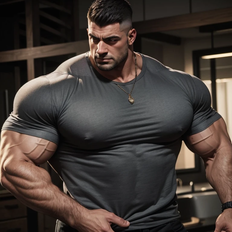 a very handsome, robust, serious adult man, with a Mid fade haircut, massively muscular, with massively large muscles, with massively large and muscular arms and biceps, wearing a very dirty dark gray shirt