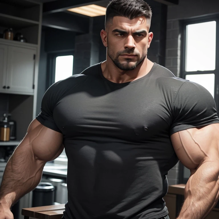 a very handsome, robust, serious adult man, with a Mid fade haircut, massively muscular, with massively large muscles, with massively large and muscular arms and biceps, wearing a very dirty dark gray shirt