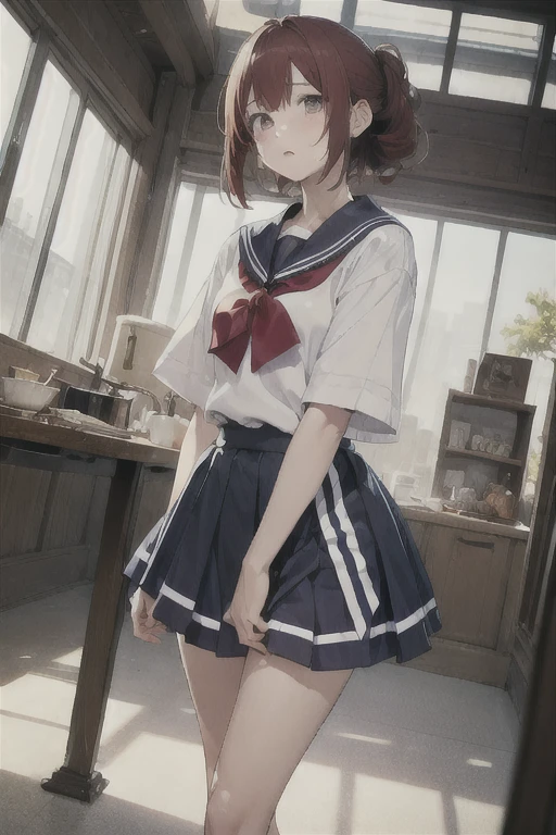 1 girl, Redhead, Updo, Facial hair stripes, Red eyes, mascara,  skirt, Sagging under the eyes, Are standing、 Ground angle shot, Viewers looking up, feet,  Impact, 8k, masterpiece,Thighs,color、Sailor suit、uniform、skirtを捲り上げる、(skirtめくり:1)、pants、erotic、sexy、Embarrassed face、Embarrassed face、