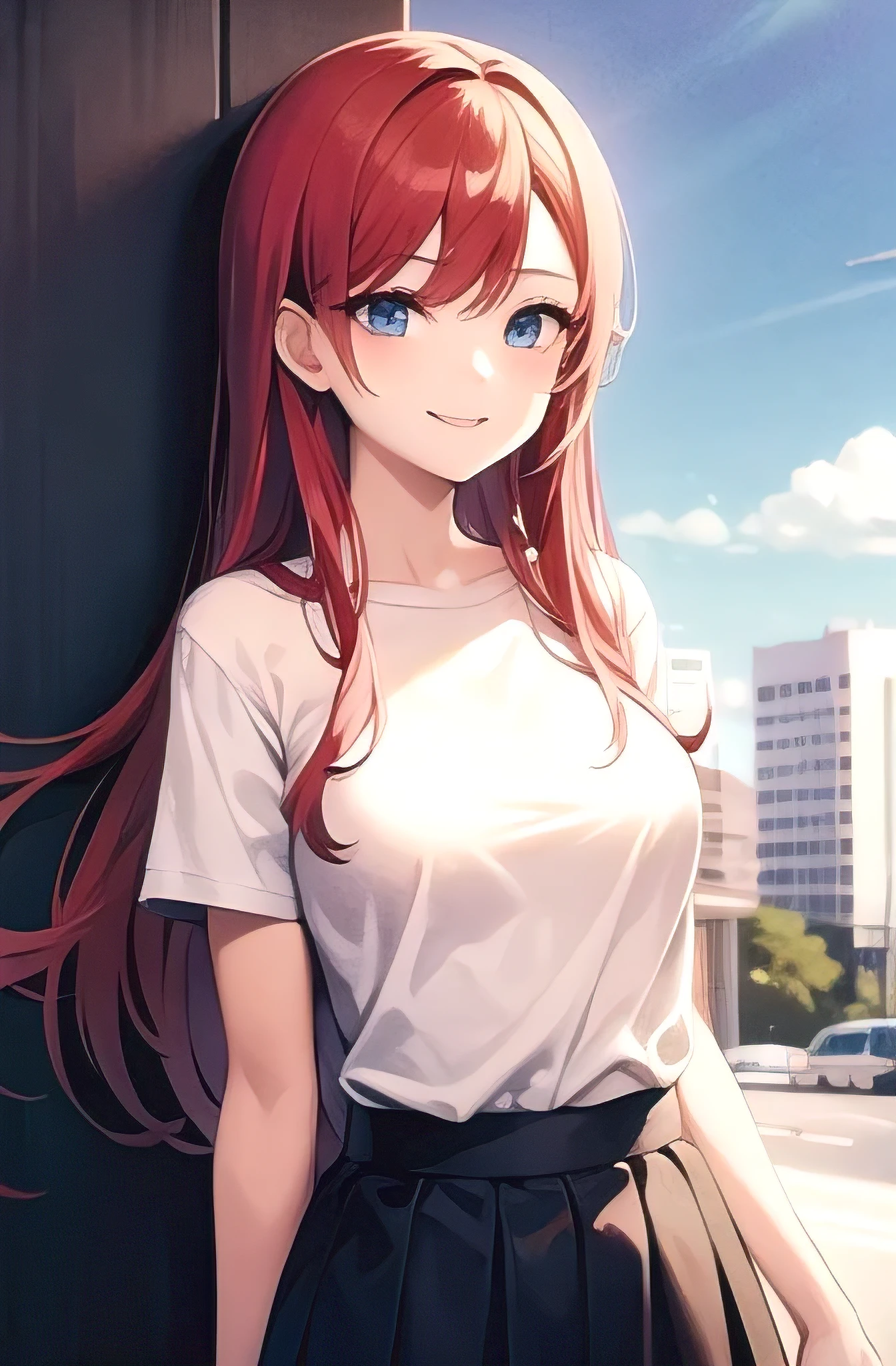 1girl, anime_coloring, blue _eyes, red_hair, long hair, smile, solo, style_parody, / Whit_shirt ,Black_Skirt