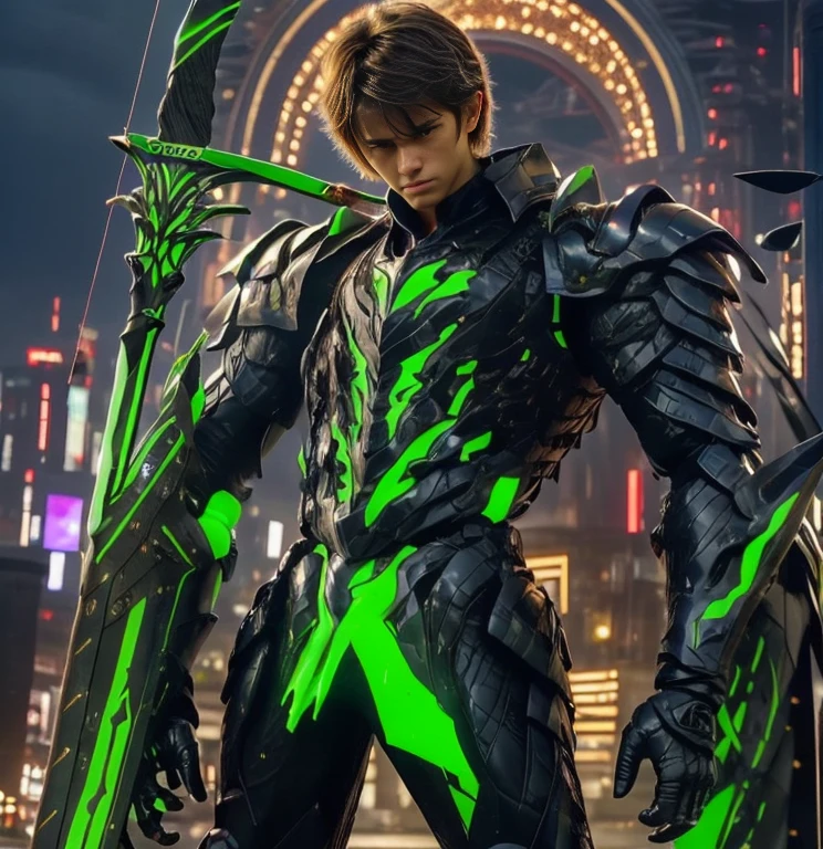 (ultra realistic,32k, masterpiece:1.2, UHD),(high detailed skin:1.1),( high quality:1.1), 1 boy, brown short raw cut hairs, brown eyes, green techno fantasy armor, cyberpunk, techno fantasy bow with ((energy bow arch)),((energy arrows)), caucasian race, light decourations, 18 years old 
