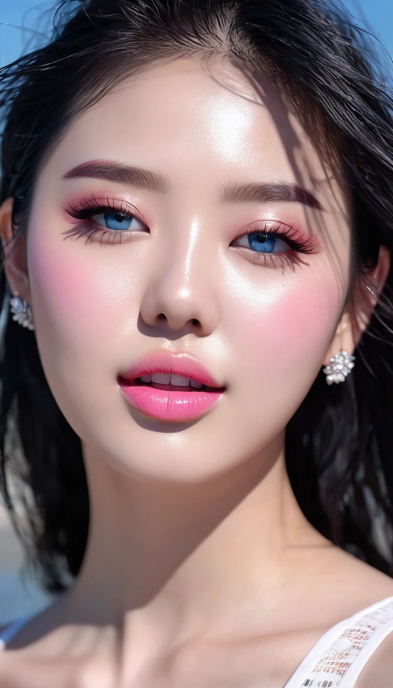 1 girl, Korean model, extremely beautiful, perfect body. 8K photo quality, lifelike, masterpiece, sharpest and highest contrast. Glossy pink lips, pink eyeshadow, eyelashes, blush, cosmetics, bright white skin, detailed pores, shiny skin, shiny skin. Her hair is pink, long and smooth, blowing in the wind ((floating)) under the bright sunlight. Bright smile, pure white teeth and details. Seductive lips, glossy pink lips. Blue eyes, seductive, ((sharp makeup)), realistic, ((wet eyes)), detailed, pink eyeshadow. Two delicate eyelids, perfectly beautiful and detailed, black eyelashes. Eyebrows are curved, sparse, sharp and detailed. Beautiful and perfect face, holy, perfectly proportioned, beautiful in every detail, ((shiny)), high-end cosmetic makeup. High and detailed nose. Blush, prominent and detailed cheekbones. Hands are beautiful, perfect, ((no flaws)), no defects. Her breasts are big and full, her nipples are prominent and detailed, her cleavage is deep and firm, tight under her bra. Tank top, jeans, necklace, earrings, bracelet. Beautiful photo of a girl standing on a beach, sharp focus on the girl's face.