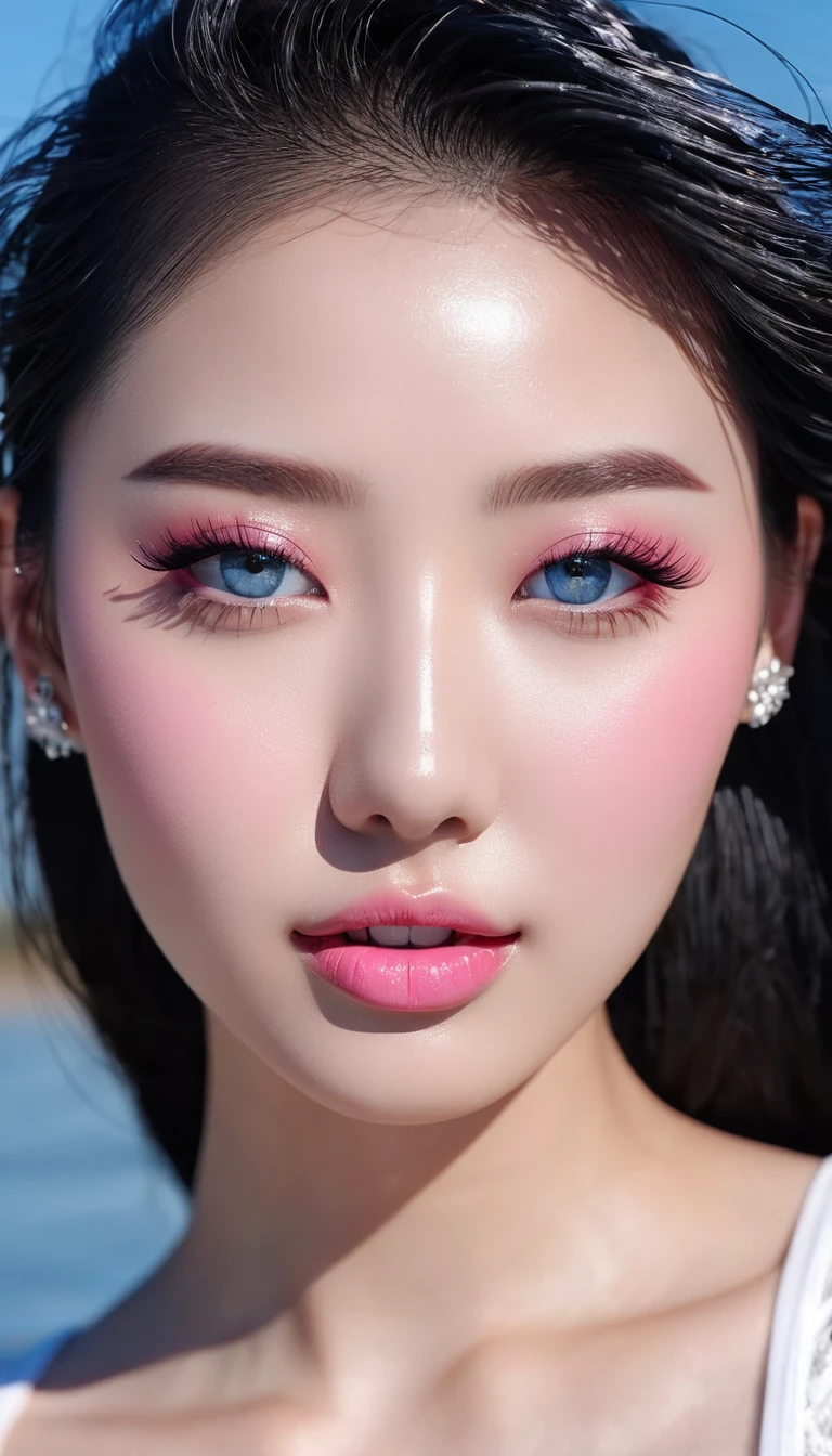 1 girl, Korean model, extremely beautiful, perfect body. 8K photo quality, lifelike, masterpiece, sharpest and highest contrast. Glossy pink lips, pink eyeshadow, eyelashes, blush, cosmetics, bright white skin, detailed pores, shiny skin, shiny skin. Her hair is pink, long and smooth, blowing in the wind ((floating)) under the bright sunlight. Bright smile, pure white teeth and details. Seductive lips, glossy pink lips. Blue eyes, seductive, ((sharp makeup)), realistic, ((wet eyes)), detailed, pink eyeshadow. Two delicate eyelids, perfectly beautiful and detailed, black eyelashes. Eyebrows are curved, sparse, sharp and detailed. Beautiful and perfect face, holy, perfectly proportioned, beautiful in every detail, ((shiny)), high-end cosmetic makeup. High and detailed nose. Blush, prominent and detailed cheekbones. Hands are beautiful, perfect, ((no flaws)), no defects. Her breasts are big and full, her nipples are prominent and detailed, her cleavage is deep and firm, tight under her bra. Tank top, jeans, necklace, earrings, bracelet. Beautiful photo of a girl standing on a beach, sharp focus on the girl's face.