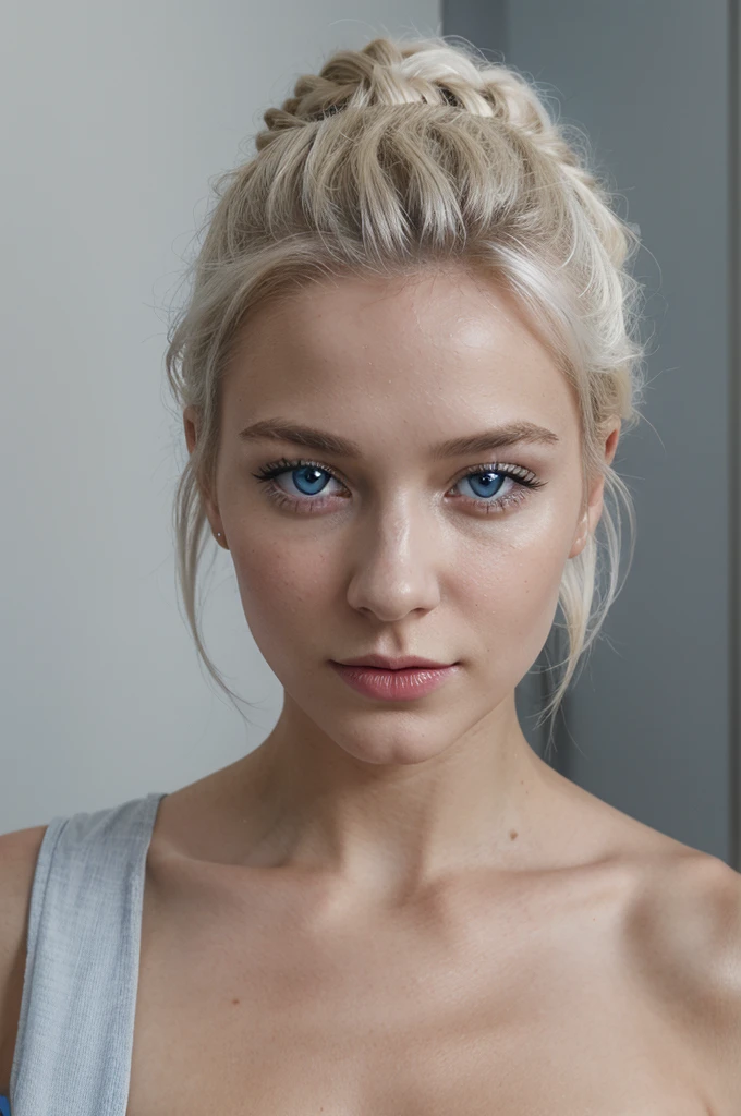 Cinematic portrait, femme de 20 ans , blonde cheveux teints en blanc et bleu , tenu moderne , tenant un iphone, yeux gris claire, perfect body , perfect face , perfect hand , lipstick , white and blue hair some small detail on the skin 