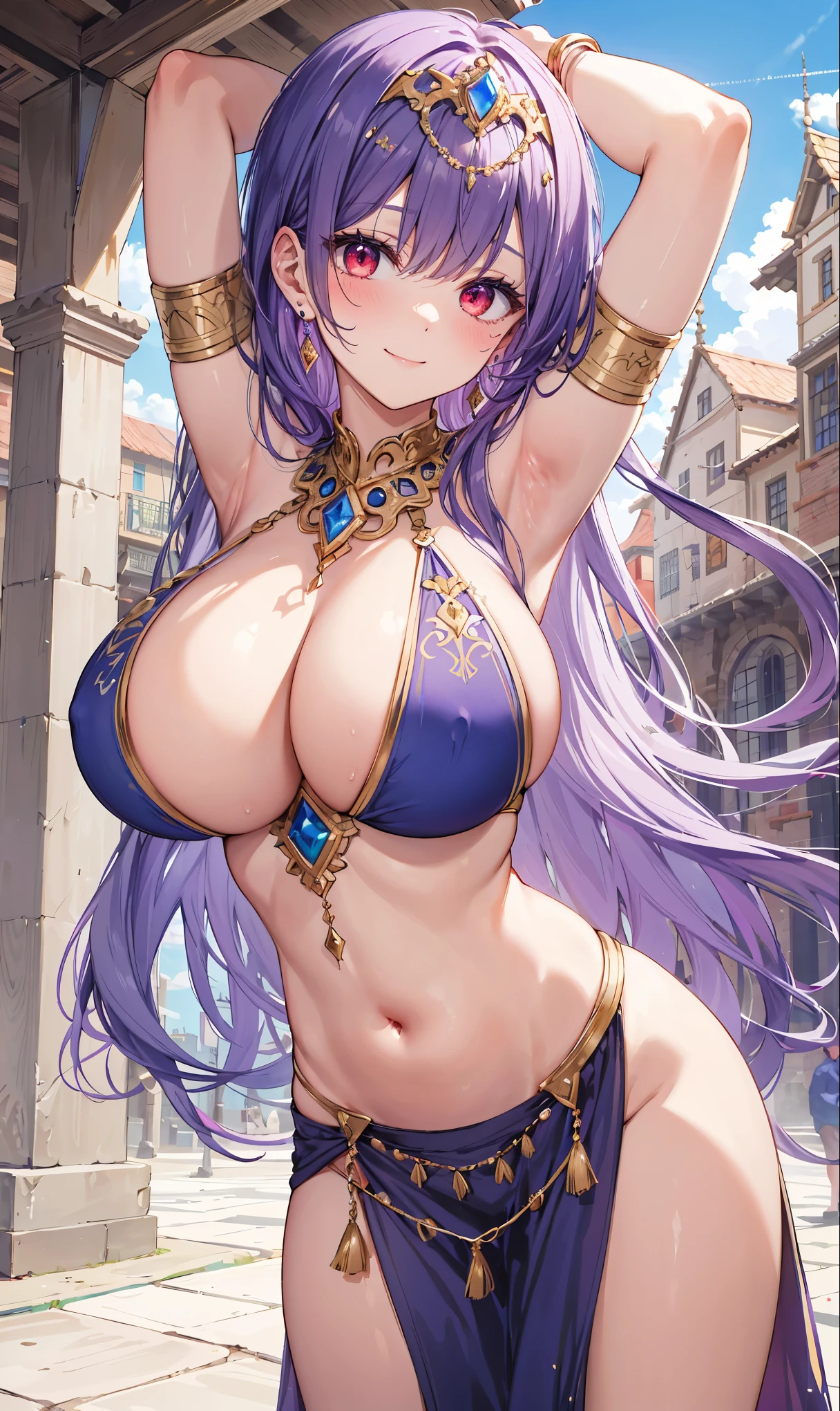 high quality, ultra detailed, best quality, insanely detailed, beautiful, masterpiece, 1girl, medieval plaza, cowboy shot, red eyes, long hair, purple hair, belly dancer, circlet, earrings, armlets, bracelets, bashful smile, large breasts, cleavage, soft stomach