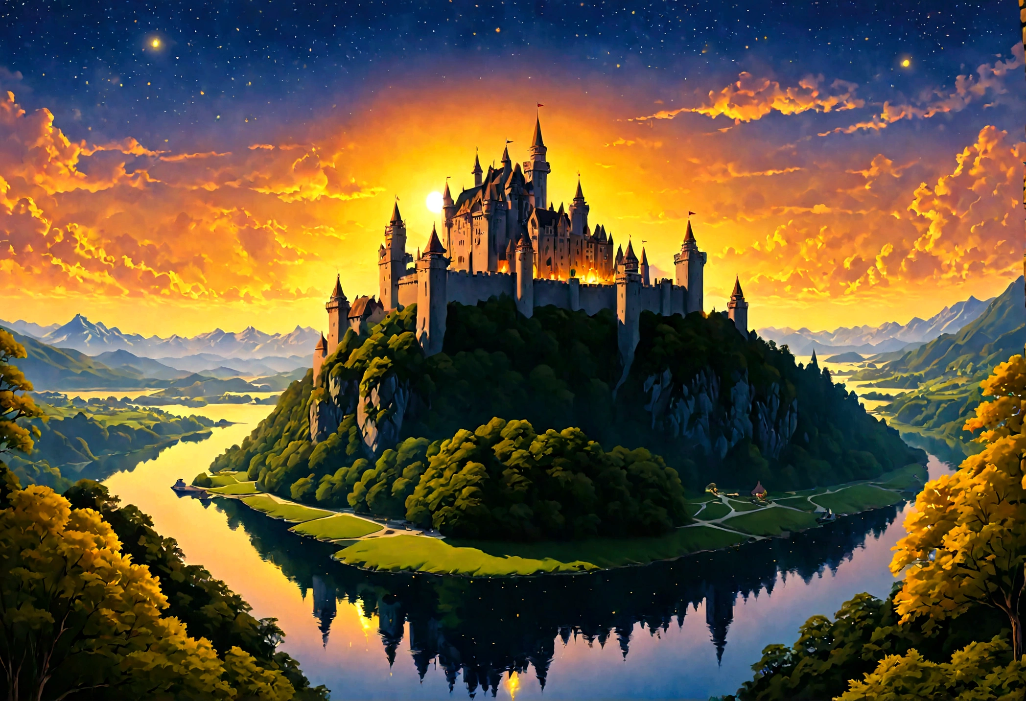 an award winning picture, National Geographic style, Arafed, magnificent artistic picture of a (castle: 1.4) on a mountain range near a lake at dusk, fantasy art D&D art, castle, with towers, turrets, barbican, it is dusk time, the sun is going down, and there are stars in the skies, the last rays of sun, there is a ((bridge lit by torches: 1.4)) crossing to the other side, the castle is being reflected in the water, fantasy forest background, ultra best realistic, best details, 16k, [ultra detailed], masterpiece, best quality, (extremely detailed), photorealism, depth of field, hyper realistic painting, Cinematic Hollywood Film style, digital art