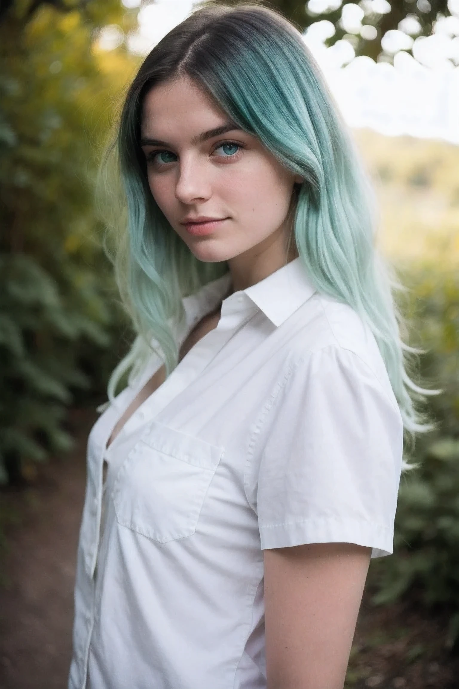 portrait photo of 25-year-old british women, light green hair, blue eyes, white shirt, outdoors, natural lighting, kodak Portra 160, split into 2 images, shot from multiple angles, instagram model, long hair ar 2:1 natural style