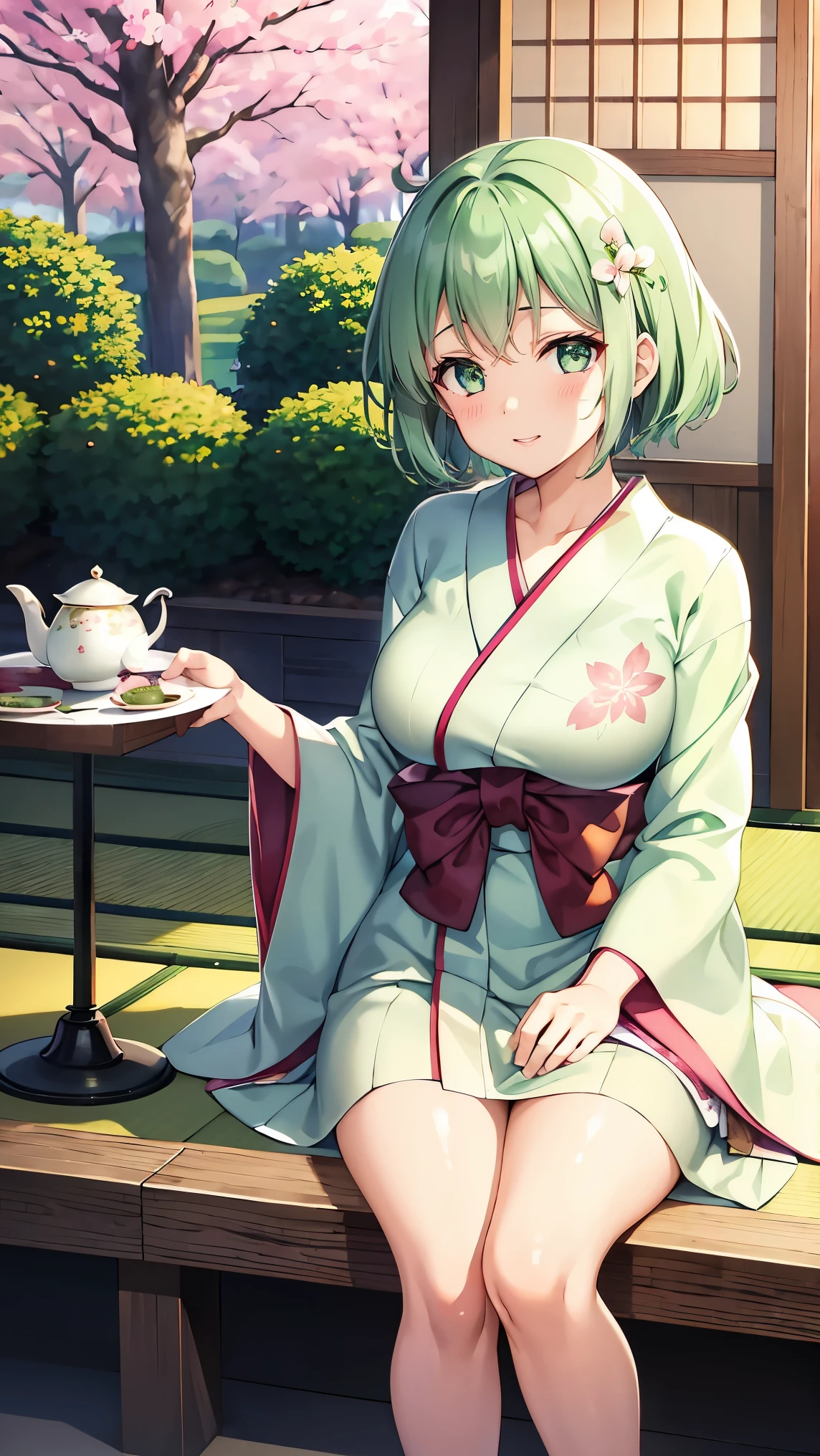 Girl with short green hair, Small breasts, Green Eyes, White Casual Wear Beauty Special、(((tits))),Full body photo from head to toe、Kimono、Patterned Japanese clothing、Cherry tree in full bloom、Fluttering petals、Tea Ceremony、Graceful Manners、Tea party、Chatting in a Japanese-style room