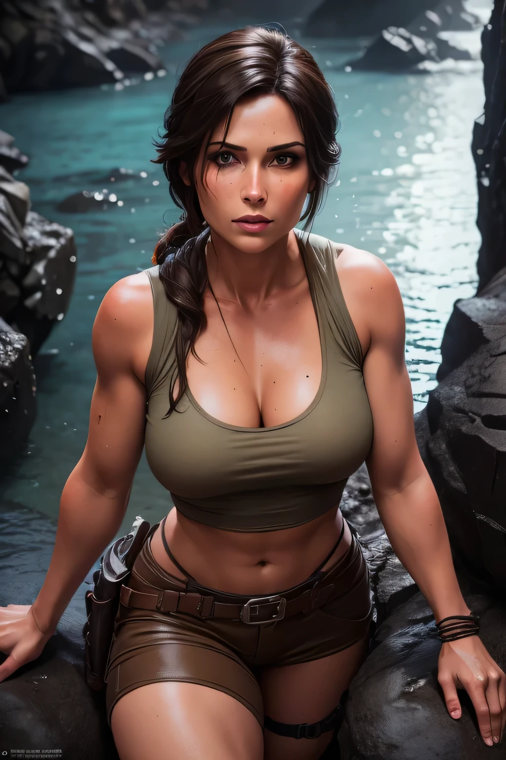 Lara Croft, exploring dark cave, water, moonlight, fire, (8k, RAW photo, best quality, masterpiece:1.2), soft lighting, high quality, DLSR, sharp focus, soft lighting, masterpiece, perfect face, ultra detailed face, perfect brown eyes, beautiful face, perfect anatomy
