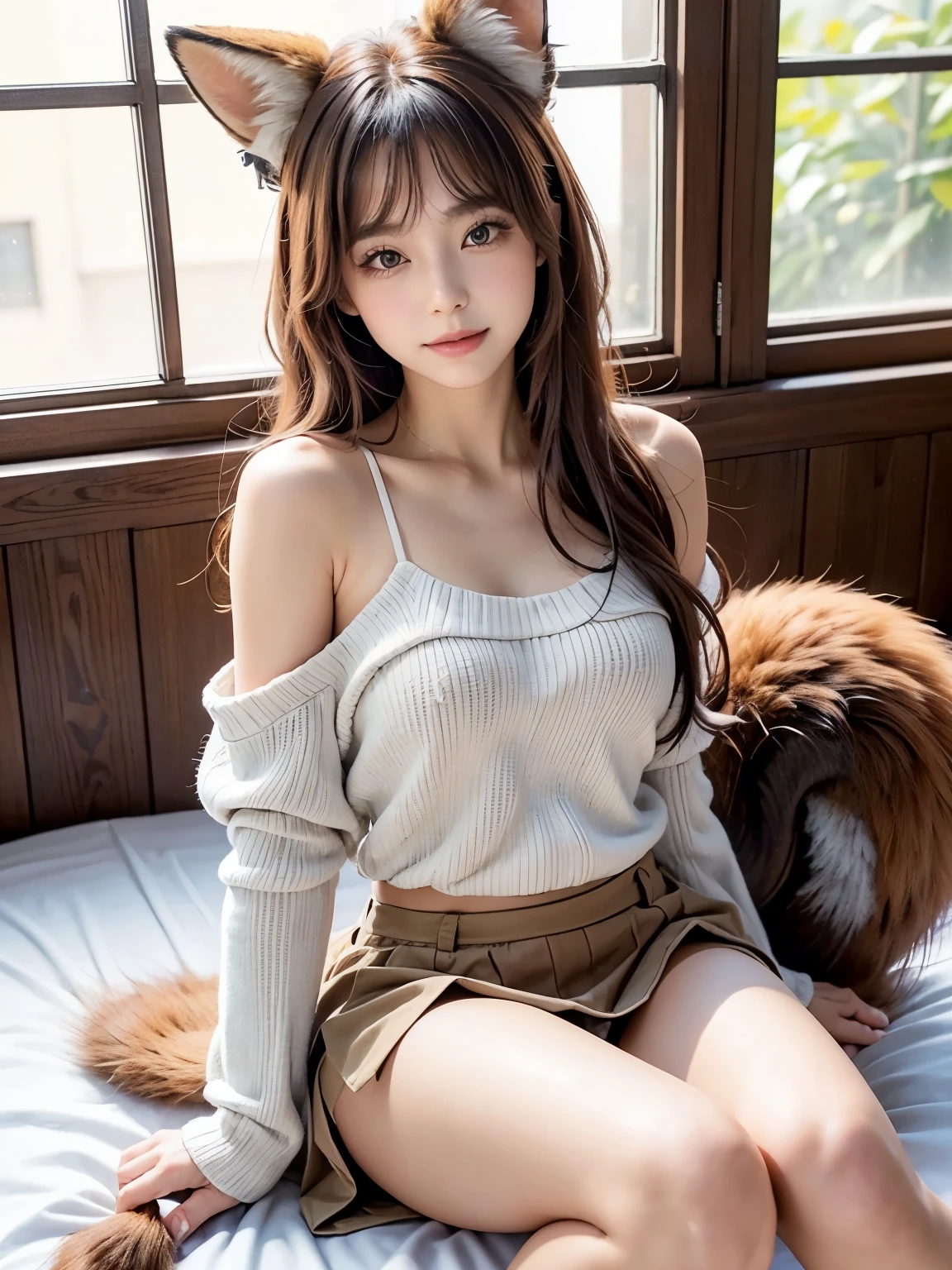 ((highest quality, 32k)), ((masterpiece)), (Familiar), Perfect Face, Fox Girl, pretty girl, On the bed, Has a tail, She has one red fox tail.., She stands up her fluffy tail, Beautiful hip line, Small breasts, She wears underwear, A large tail sticks out, Climbing on all fours, Slender body, Shyly showing off his tail, Lift up your miniskirt to show your tail, A red fox tail protrudes from the hem of her skirt.