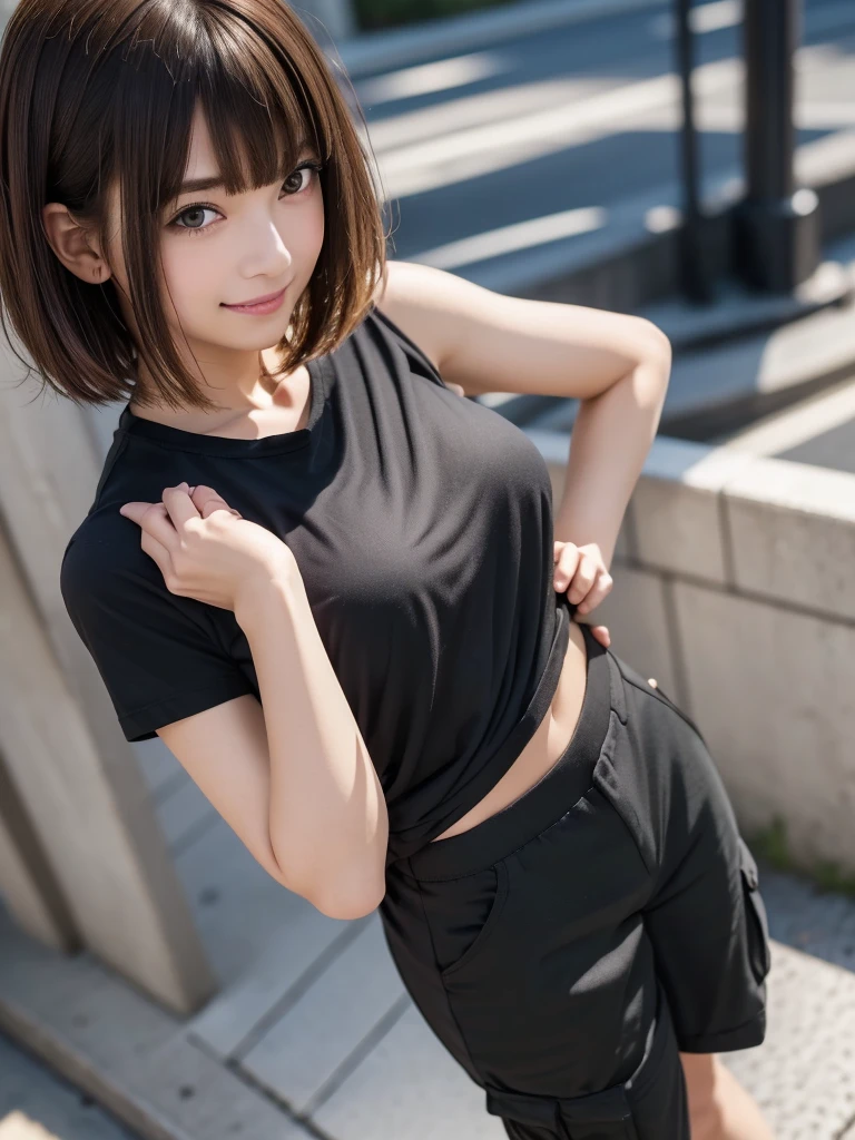 (8k, RAW Photos, highest quality, masterpiece:1.2), (Realistic, photo-Realistic:1.4), (Highly detailed 8k wallpaper), ((Full Body Shot)), (1 girl), Sharp focus, Depth of written boundary, Cinematic lighting, Soft Light, 緻密な美しさのeye, eye_Chan, Very beautiful 17 year old girl, innocent big eyes, Realistic, photo Realistic, Highly detailed cute girl, (Thin thighs), (Model Body Type), 18-year-old, (Black T-shirt), (Camouflage cargo long pants), (((Fold your arms in front of your chest and act arrogantly))), ((A happy smile)), Parted lips, Watching the audience, (On the streets of Tokyo) , (Brown Hair),(Short Bob Hair), (Asymmetrical bangs)