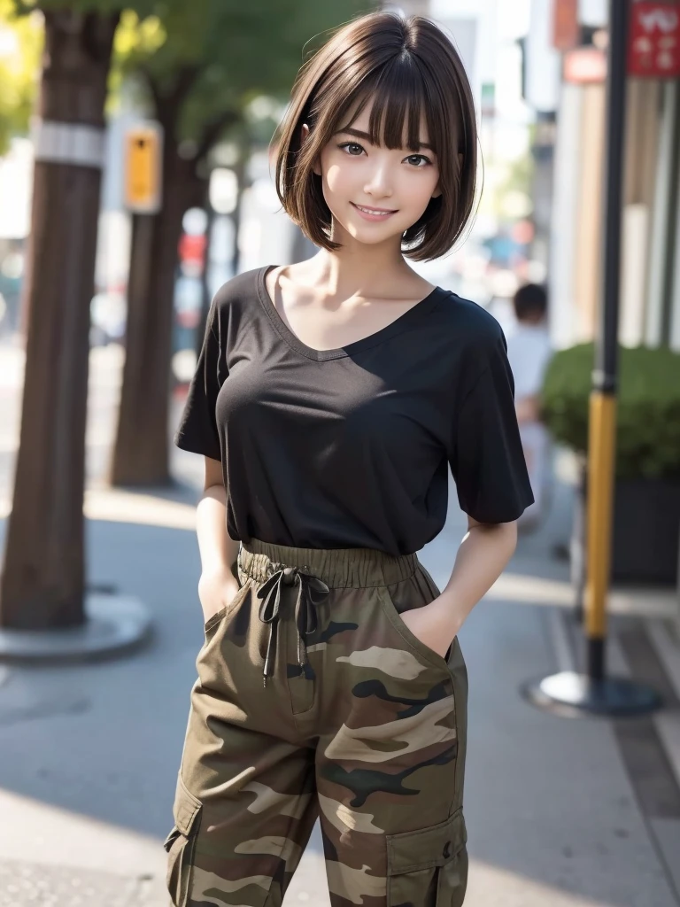 (8k, RAW Photos, highest quality, masterpiece:1.2), (Realistic, photo-Realistic:1.4), (Highly detailed 8k wallpaper), ((Full Body Shot)), (1 girl), Sharp focus, Depth of written boundary, Cinematic lighting, Soft Light, 緻密な美しさのeye, eye_Chan, Very beautiful girl, innocent big eyes, Realistic, photo Realistic, Highly detailed cute girl, (Thin thighs), (Model Body Type), 18-year-old, (Black T-shirt), (Camouflage cargo long pants), (((Fold your arms in front of your chest and act arrogantly))), ((A happy smile)), Parted lips, Watching the audience, (On the streets of Tokyo) , (Brown Hair),(Short Bob Hair), (Asymmetrical bangs)