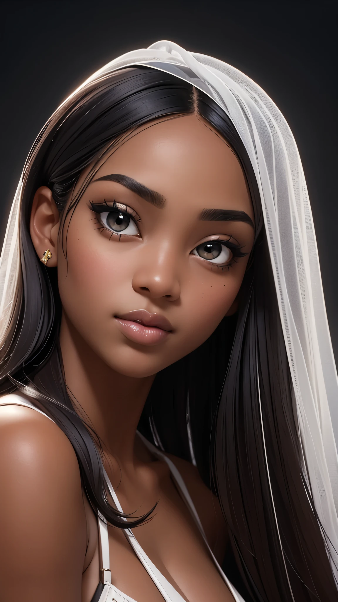 Best picture quality, masterpiece level, ultra-detailed, perfect face, beautiful black woman is looking at camera, close up, HDR, portrait, elegant pose, captivating eyes, long hair, full lips, film grain, photographed with a Sony a9 II Mirrorless Camera, analog style, extremely detailed face, bust shot, perfect lighting