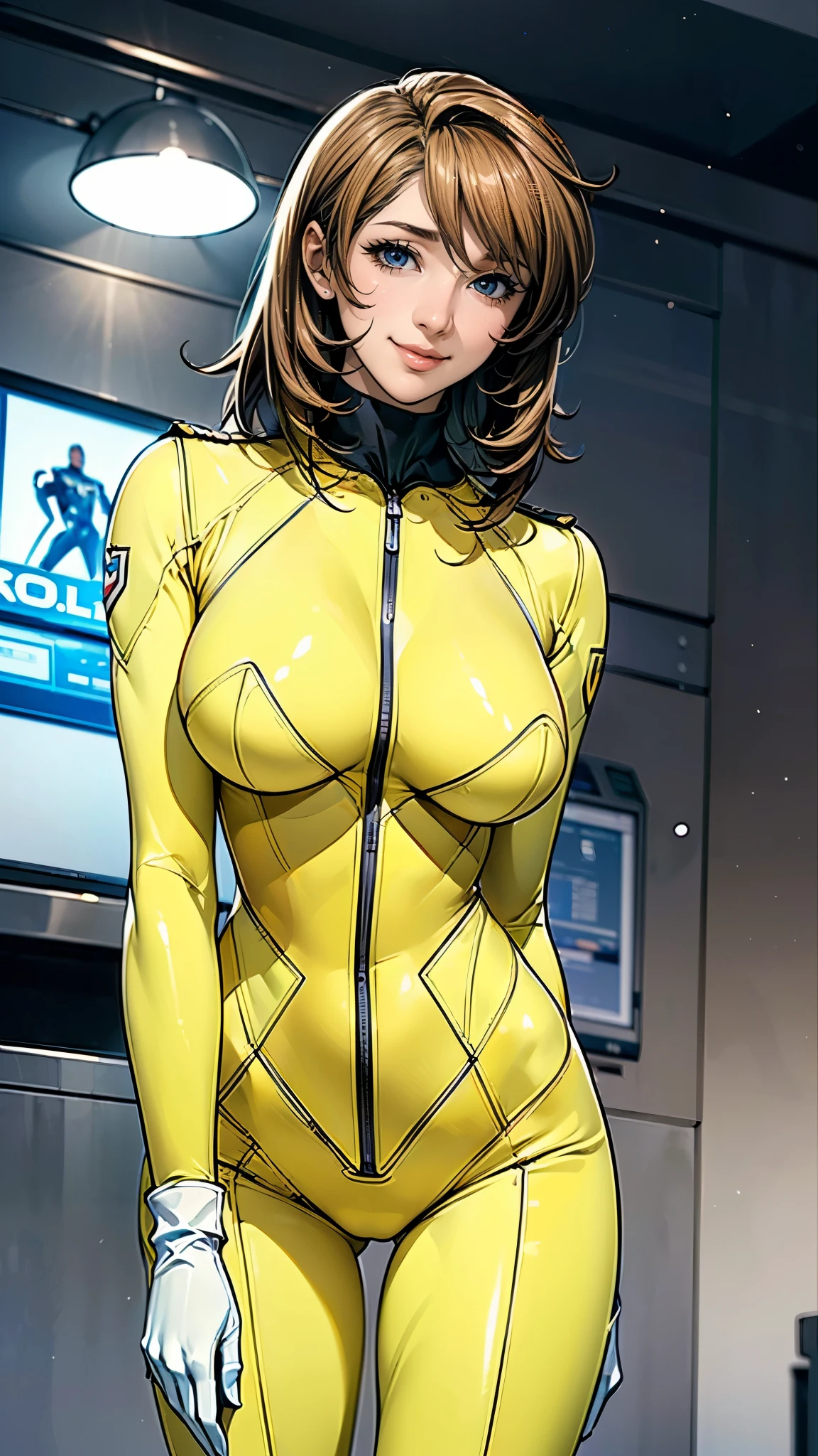 (masterpiece),(highest quality),(Very detailed),(High resolution),(Photorealistic Stick),(Realistic),(8k),wallpaper,Perfect lighting,break(One Woman),((moriyuki:1.5)),(Mori Bodysuit, Yellow bodysuit, belt:1.5),(Mori Uniform, White gloves, uniform, Brown jacket, Ascot, belt:1.5),(22 years old),(((Extremely form fitting bodysuit:1.5))),(((Very detailedなボディスーツの描画:1.5))),(Beautiful Eyes:1.5),(Detailed face drawing:1.5),(Detailed face drawing:1.5),((Very detailedな女性の手:1.5)),(Shiny skin:1.0),(((Very muscular:1.5))),((Big Breasts:1.5)),(Wall thickness),(((Thick thighs:1.5))),(Sensual body),(Black background:1.5),(((Blur the background:1.5))),(((Leaning forward:1.5))),(((A gentle smile:1.5))),(From below:1.4)
