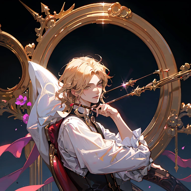 ((unreal engine, 4k high quality, trends of artstation, pixiv,soft render )) by Leyendecker, vintage aesthetic, (solo portrait), , soft dark shadows, dramatic spotlight lighting, mystical,, ((fantasy medieval setting, dnd,)) bard, Compere, showmen from circus, dramatic artist, theater actor performing on stage, all attention is focused on him, (close up )(Trickster, A illusionist in a hat, :0.9) aesthetics shot, rpg game character portrait, blond anime prince is 25 years old, (sexy male, 1man, 1boy, prince ,androgenic male body,) with ruffled collar, victorian ruffled white shirt, bow of thin black ribbon around the neck, European costume (Cat-like tiger ears on his head, neko-boy), (yellow blond hair, shoulder length wavy hair), short unruly hair ((wavy forelock covers right eye, left side hair tucked behind the ear)), (asymmetrical hair parting), elongated face, detailed beautiful face, (Black sclera, red irises, Beautiful demonic eyes, completely black eyes with red irises) piercing mysterious gaze, . sly charming smile, raised eyebrows, a relaxed , flirty, kind, curtsy,conceited, Glitter particles, purple-red-brown shades, mucha art deco, (Schrodinger from Hellsing :1) background with circus and theatrical motifs, fantasy eater stage and red curtain on the background,