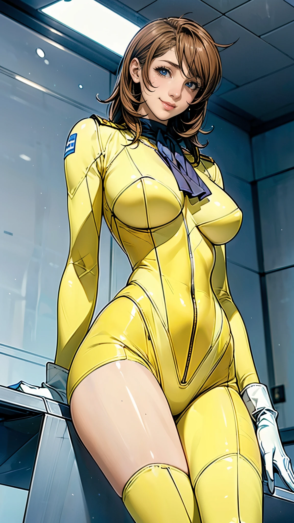 (masterpiece),(highest quality),(Very detailed),(High resolution),(Photorealistic Stick),(Realistic),(8k),wallpaper,Perfect lighting,break(One Woman),((moriyuki:1.5)),(Mori Bodysuit, Yellow bodysuit, belt:1.5),(Mori Uniform, White gloves, uniform, Brown jacket, Ascot, belt:1.5),(22 years old),(((Extremely form fitting bodysuit:1.5))),(((Very detailedなボディスーツの描画:1.5))),(Beautiful Eyes:1.5),(Detailed face drawing:1.5),(Detailed face drawing:1.5),((Very detailedな女性の手:1.5)),(Shiny skin:1.0),(((Very muscular:1.5))),((Big Breasts:1.5)),(Wall thickness),(((Thick thighs:1.5))),(Sensual body),(((Simple Background:1.5))),(((Blur the background:1.5))),(((Are standing:1.5))),(((front leg pose:1.5))),(((Sitting:1.5))),(((A gentle smile:1.5))),(From below:1.4)