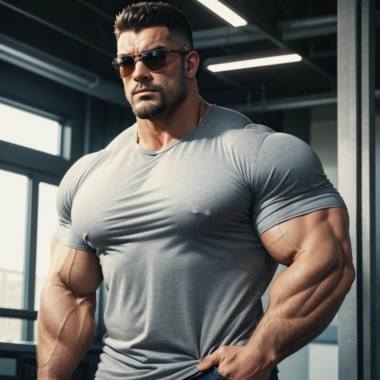a very handsome, large, very muscular, bodybuilder, serious adult man, with a Mid fade haircut, wearing sunglasses, massively muscular, with massively large muscles, with massively large and muscular arms and biceps, wearing a gray shirt, seen up close