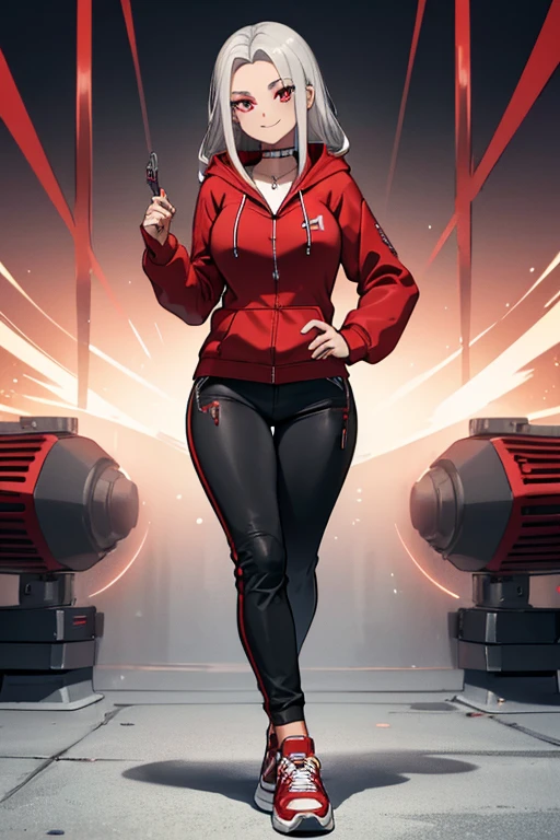 female, silver long hair with black highlights, red eyes, (((1girl))), (((red zip-up hoodie))), (black shirt), (red pants), (black sneakers), (necklace with chaos star pendant), cute and sexy, big breasts, big butt, full body, long legs, smiling