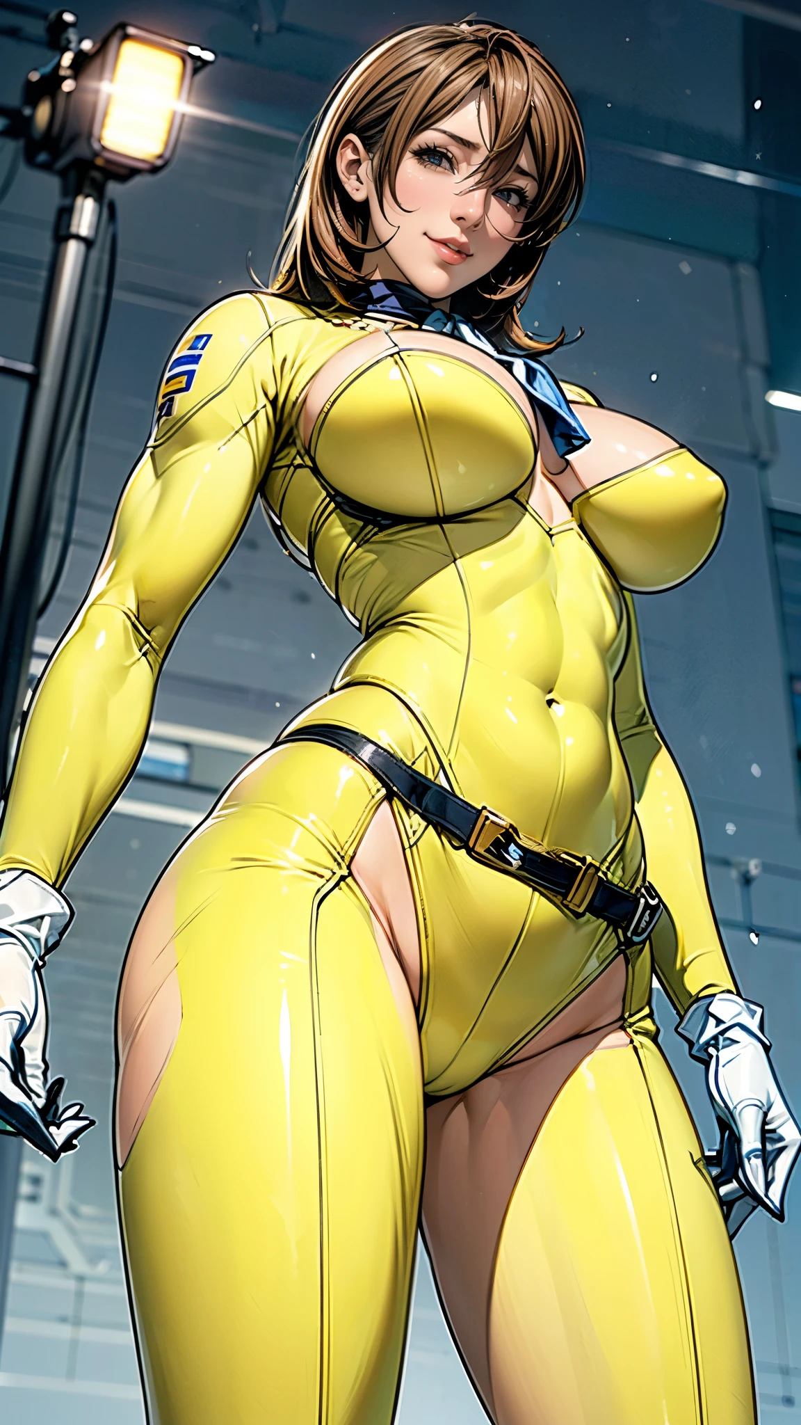 (masterpiece),(highest quality),(Very detailed),(High resolution),(Photorealistic Stick),(Realistic),(8k),(((SFW:1.5))),wallpaper,Perfect lighting,BREAK(One Woman),((MoriYuki:1.5)),(MoriBodysuit, yellow bodysuit, belt:1.5),(MoriUniform, white gloves, military uniform, brown jacket, ascot, belt:1.5),(22 years old),(((Extremely form fitting bodysuit:1.5))),(((Very detailedなボディスーツの描画:1.5))),(Beautiful Eyes:1.5),(Detailed face drawing:1.5),(Detailed face drawing:1.5),((Very detailedな女性の手:1.5)),(Shiny skin:1.0),(((Very muscular:1.5))),((Big Breasts:1.5)),(Fleshy),(((Thick thighs:1.5))),(Sensual body),(((Blur the background:1.5))),(((Seductive pose:1.5))),(((Warm-Smile:1.5))),(From below:1.5)