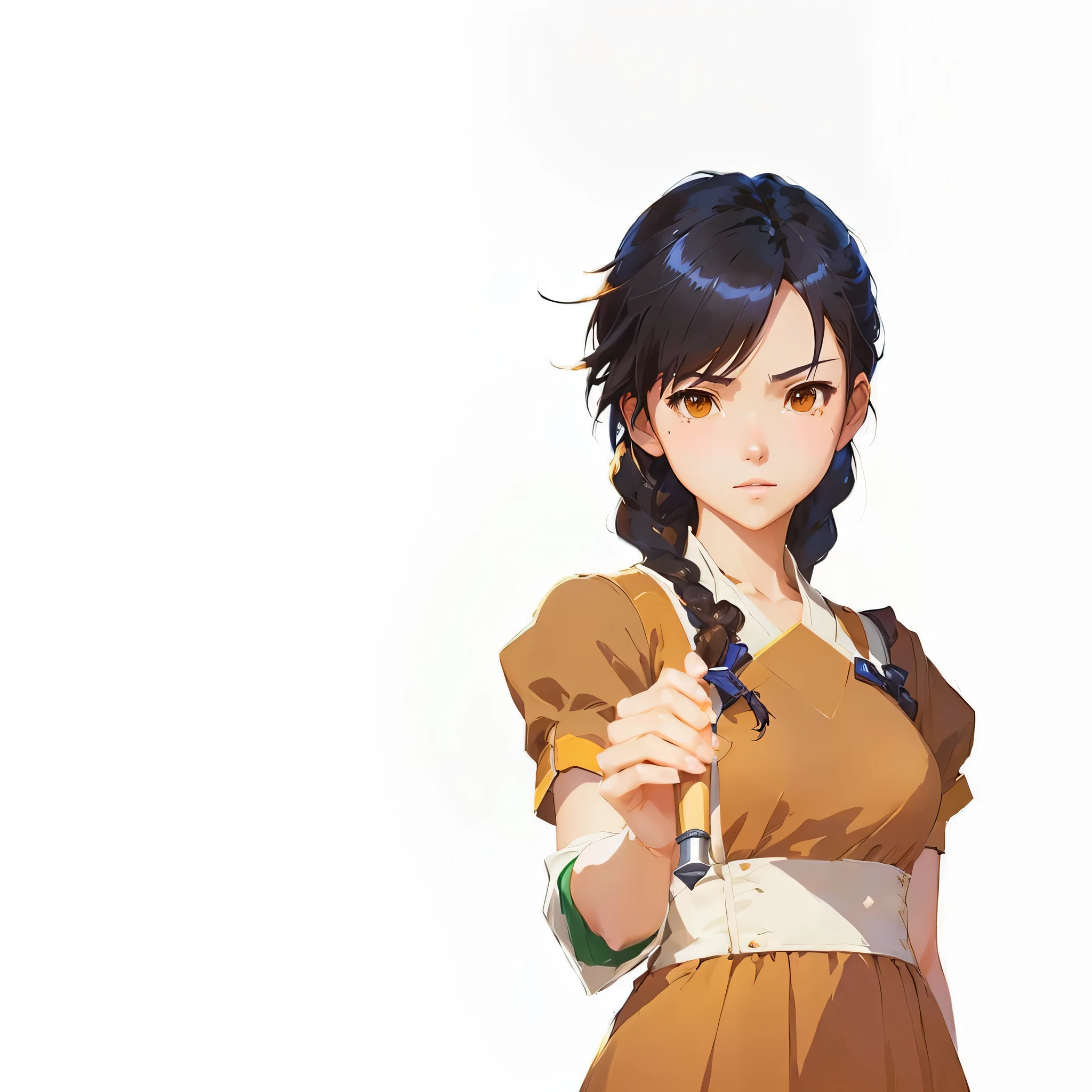 Anime girl with a sword in her hand, Guvez, artwork in the style of Guvez, Makoto Shinkai ( The greatest legend ), Made with Anime Painter Studio., Female protagonist 👀 :8, artgerm and atey ghailan, beautiful character drawings, female anime characters, Detailed anime character art, Official character art, Makoto Shinkai art styleAsian girl with two braids Orange dress, green profits, lights on hands.