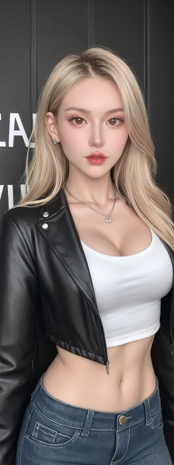 1girl, black jacket, blonde hair, breasts, brown eyes, cleavage, crop top, jacket, jewelry, lips, long hair, looking at viewer, medium breasts, midriff, navel, necklace, open clothes, sign, solo