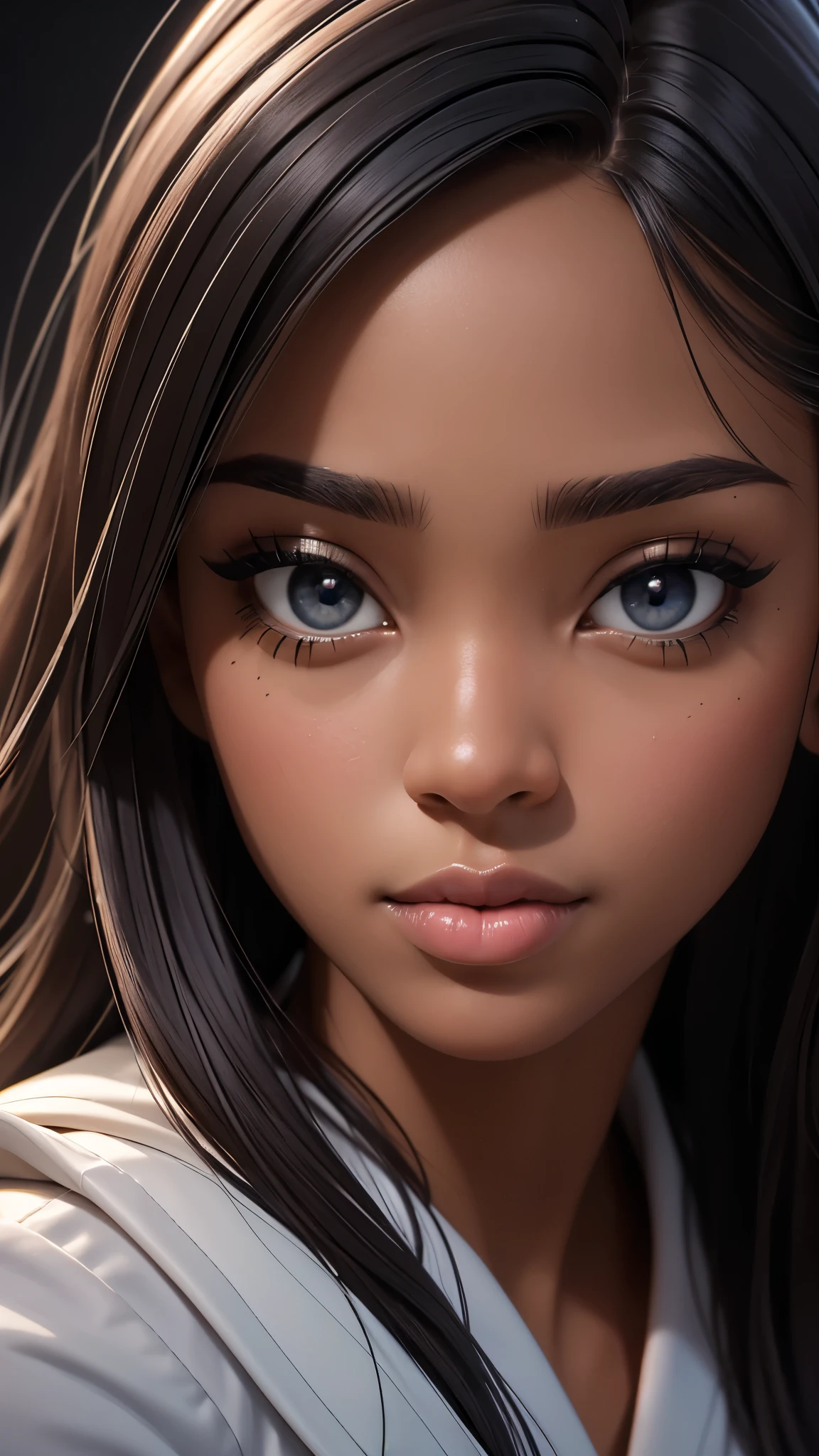 Best picture quality, masterpiece level, ultra-detailed, perfect face, beautiful black woman is looking at camera, close up, HDR, portrait, elegant pose, captivating eyes, long hair, full lips, film grain, photographed with a Sony a9 II Mirrorless Camera, og style, extremely detailed face, bust shot, perfect lighting