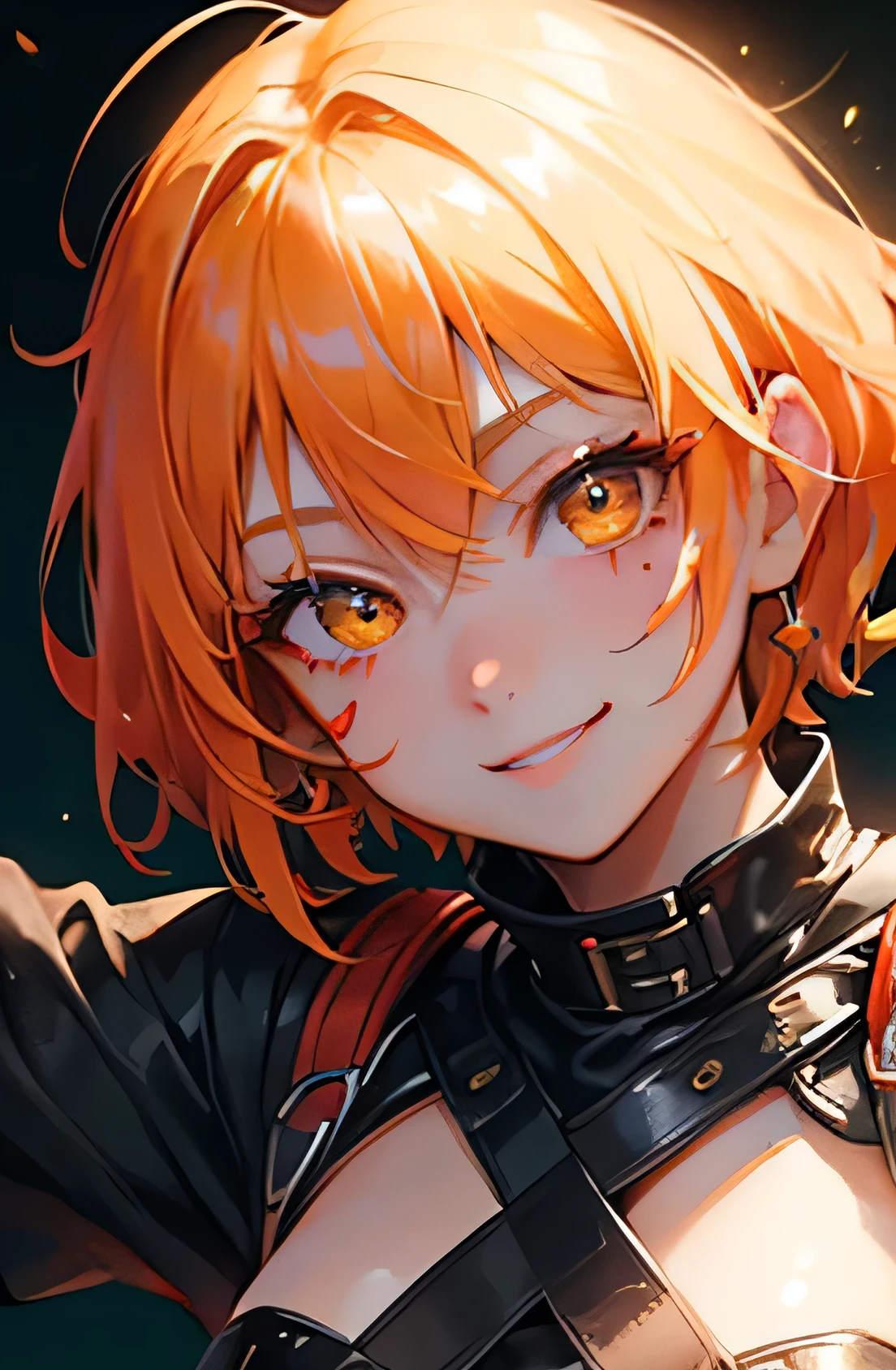 masterpiece, highest quality, so beautiful、Latest、girl, Orange Hair, short hair, Yellow Eyes、Wicked Smile、Wicked Smile,Shining Eyes、(Super cool adult woman in Shiina Ringo-esque costume)、Combat pose、Close-up of face、Decoration