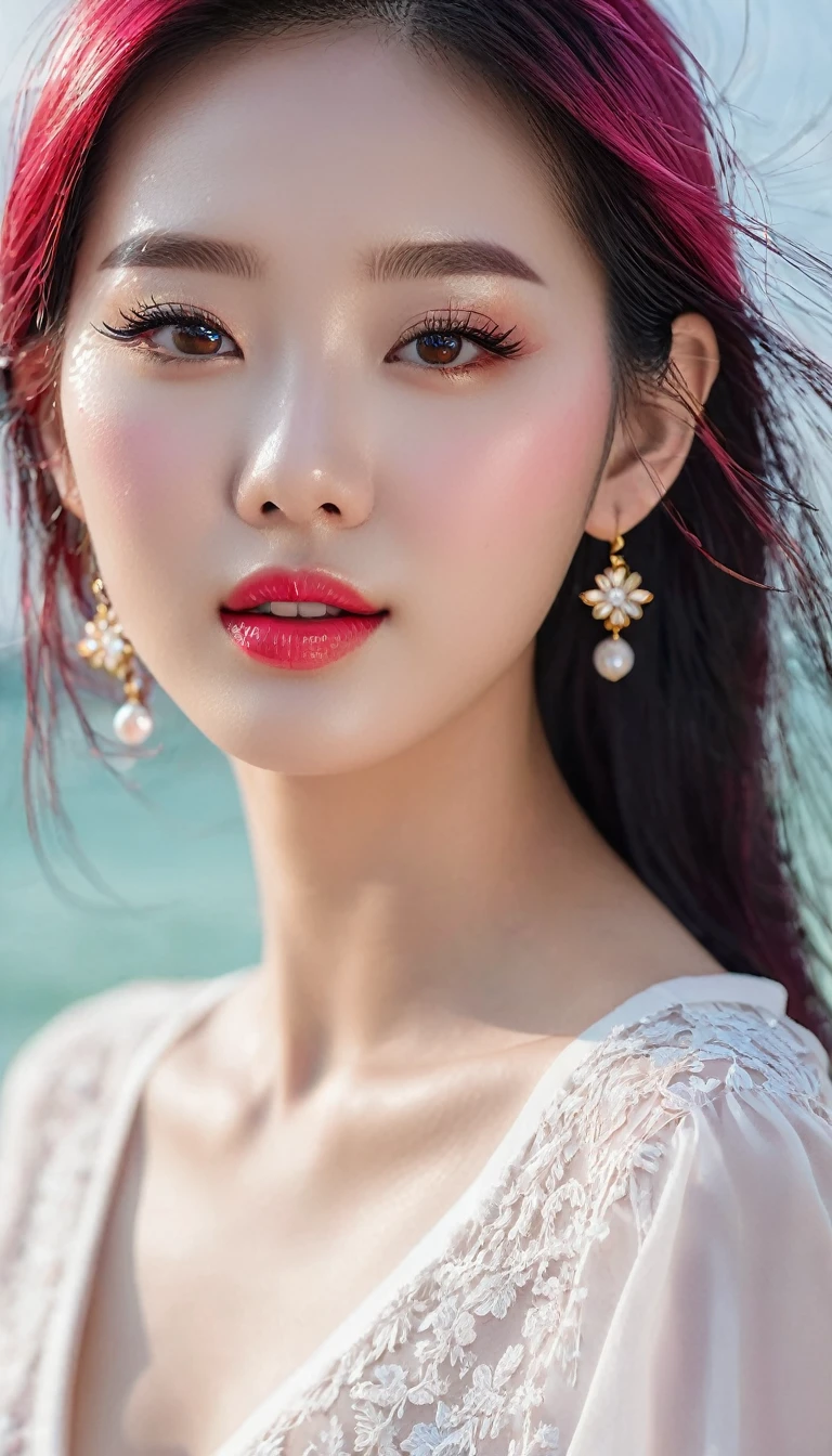 1 girl, Korean models, extremely beautiful, cơ thể perfect. 8k image quality, Lifelike, masterpiece, sharpest and highest contrast. glossy pink lips, phấn mắt hồng, eyelash, blush, mỹ phẩm, Light white skin, lỗ chân lông detail, da căng bóng, da căng bóng. pink hair, long smooth, gió thổi bay ((Floating)) under bright sunlight. Bright smile, răng trắng tinh và detail. Đôi môi charming, glossy red lips. brown eyes, charming, ((Sharp makeup)), true, ((wet eyes)), detail, phấn mắt hồng. two delicate eyelids, đẹp perfect và detail, eyelash đen. Arched eyebrows, dear, sắc nét và detail. Khuôn mặt xinh đẹp và perfect, holiness, cân đối perfect, đẹp đến từng detail, ((shiny)), High-end cosmetic makeup. Mũi cao và detail. blush, gò má nổi bật và detail. beautiful hands, perfect, ((error-free)), no disability. big and plump breasts, núm vú nhô cao và detail, The cleavage is deep and firm, tight under bra. 3-hole shirt, Jeans, necklace, earrings, bracelet. Photo of a girl standing on a beautiful beach, sharp focus on the girl's face.
