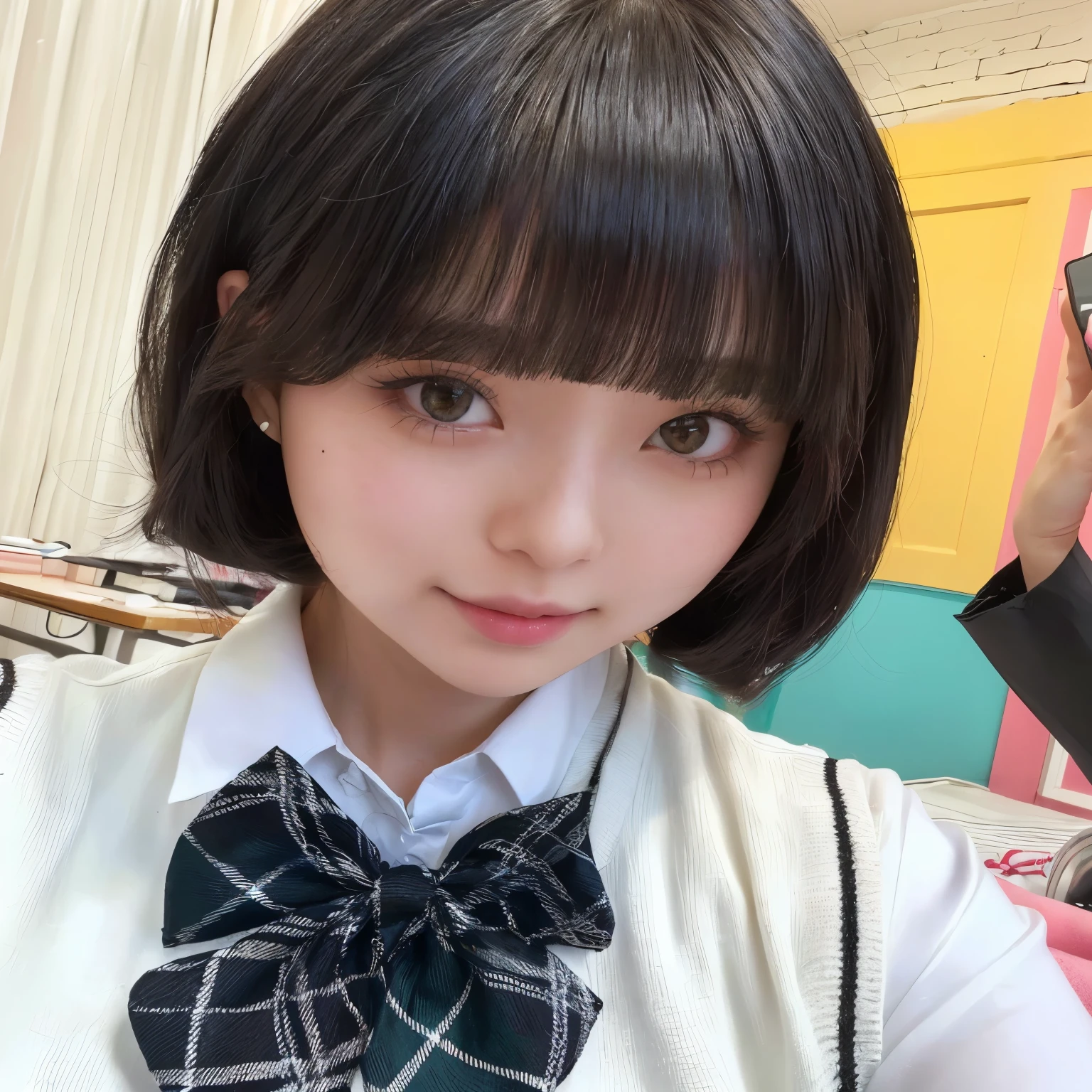 hay una mujer con pajarita posando para una foto, peinado de corte hime blanco, con pelo corto, chiho, el corte de hime, cabello limpio con flequillo, pelo cortado hime negro, sakimichan, ulzzang, chica anime en la vida real, linda chica kawaii, retrato realista kawaii, ella tiene el pelo negro con flequillo, shikamimi
