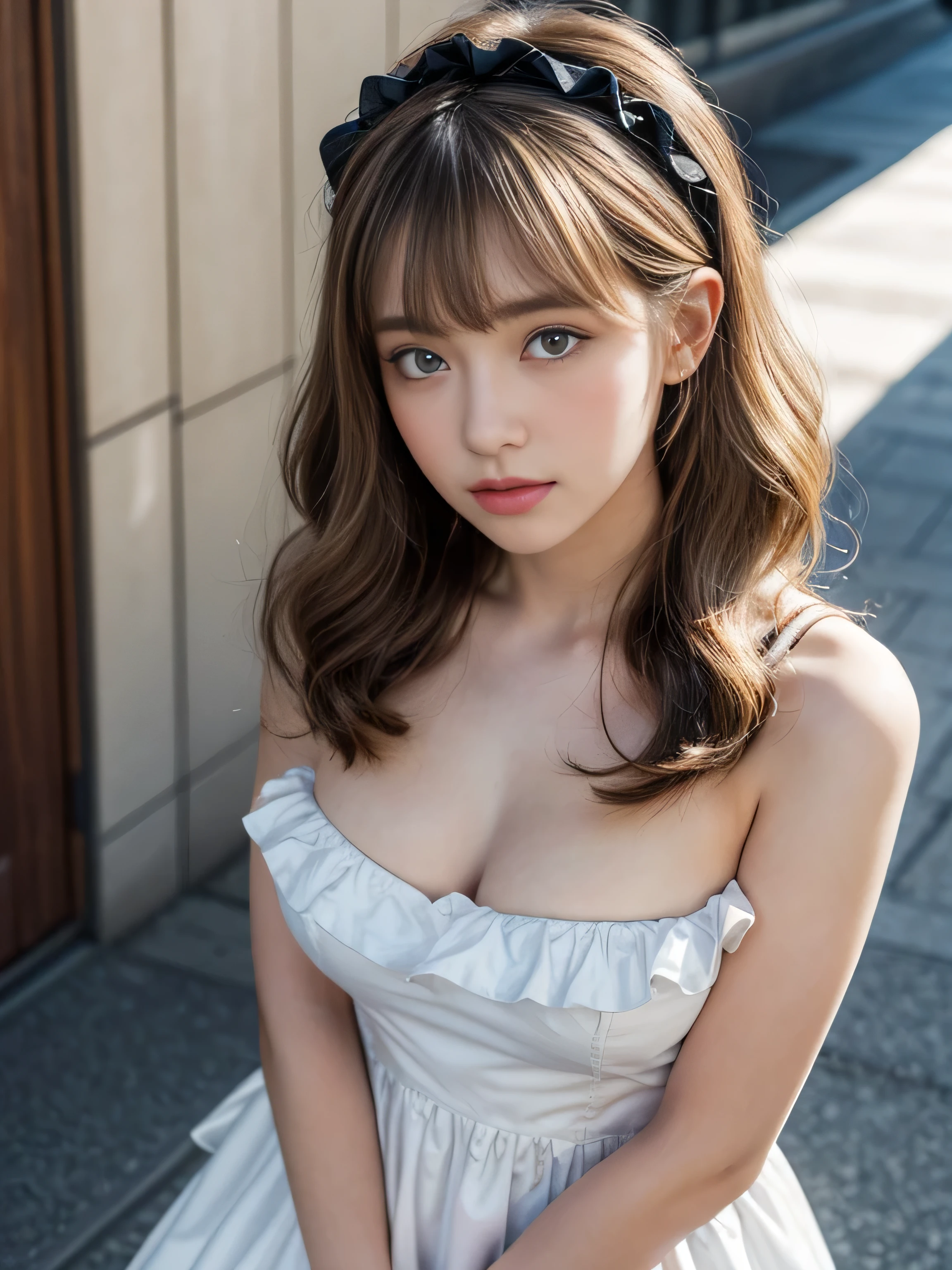 19 years old , big round breasaka street:1.3), (nude inside), ((updo hairstyle, Dark blonde hair, wavy hair, long hair, asymmetric bangs:1.2)), (blush:1.3)masterpiece, Best Quality, Illustration, Ultra-detailed, finely detail, hight resolution, 8K Wallpaper, Perfect dynamic composition, ((close up:1.3, from above, lookin at viewer)), Beautiful detailed eyes , (wearing Cotton Maid Costume, Cute Ruffle Girl Dress, maid headband, color base on white black blue),