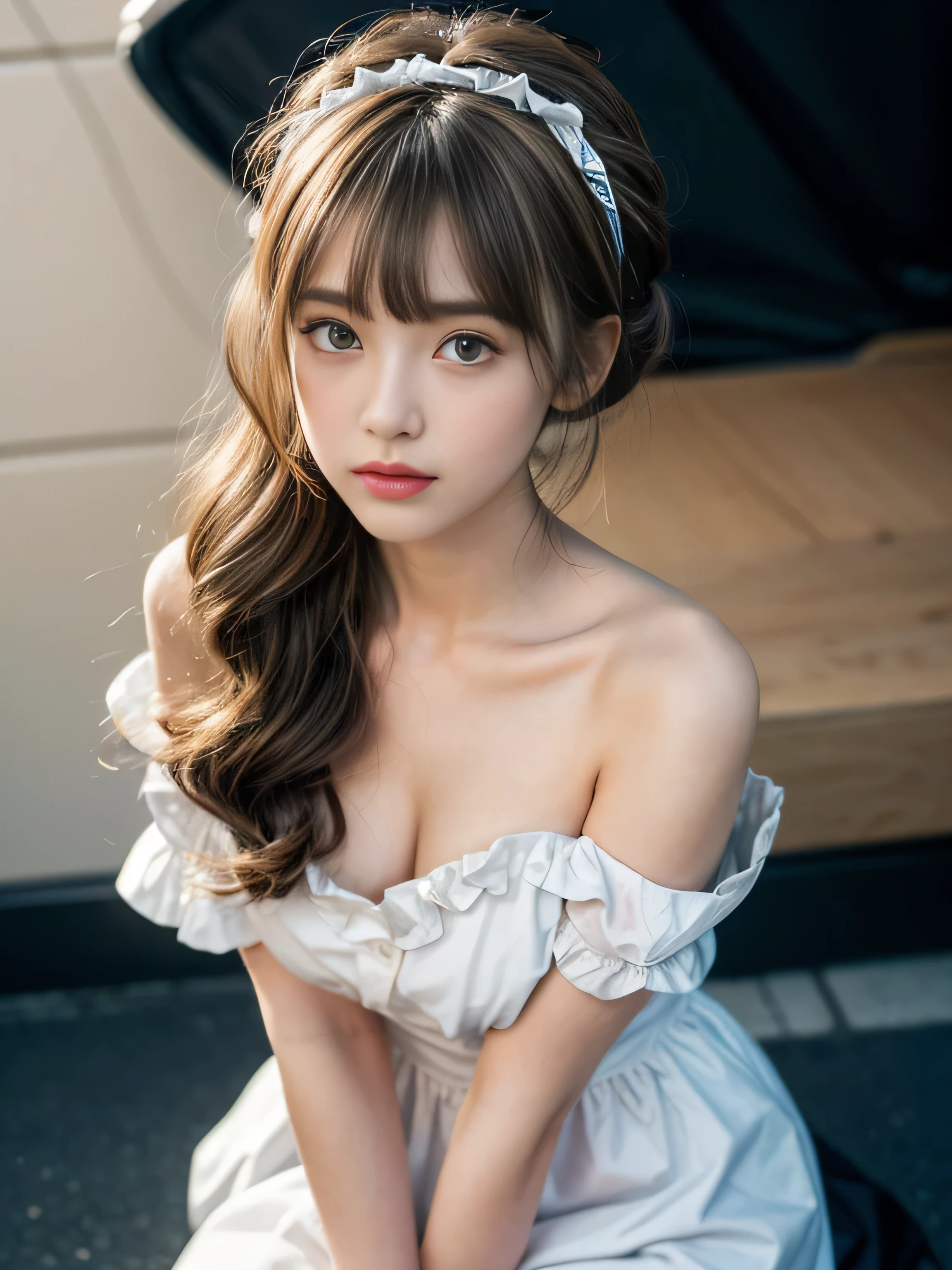 19 years old , big round breast, (Osaka street:1.3), (nude inside:1.3), ((updo hairstyle, Dark blonde hair, wavy hair, long hair, asymmetric bangs:1.2)), (blush:1.3)masterpiece, Best Quality, Illustration, Ultra-detailed, finely detail, hight resolution, 8K Wallpaper, Perfect dynamic composition, ((close up:1.3, from above, lookin at viewer)), Beautiful detailed eyes , (wearing Cotton Maid Costume, Cute Ruffle Girl Dress, maid headband, color base on white black blue),