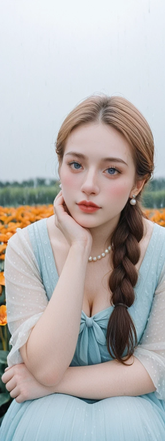 Sweet girl clothes2,pearl necklace,blue dress,flower, ((knee shot)), One hand resting on his lips、There are white butterfly orchids around the hair,Lilac dendrobium、orange lily、white lilies、1 girl in、fully body photo、White hair、floated hair、Hazy beauty、A plump chest, Chopping, Have extremely beautiful facial features、Hairpin on the head、Lie in the flowers、Drag your chin with both hands、perfect hand、rosette、(springtime、raining day、butterflys、precipice)、 vectorial art、Chinese contemporary art、Soft lighting、intertwined scarves、looking-down