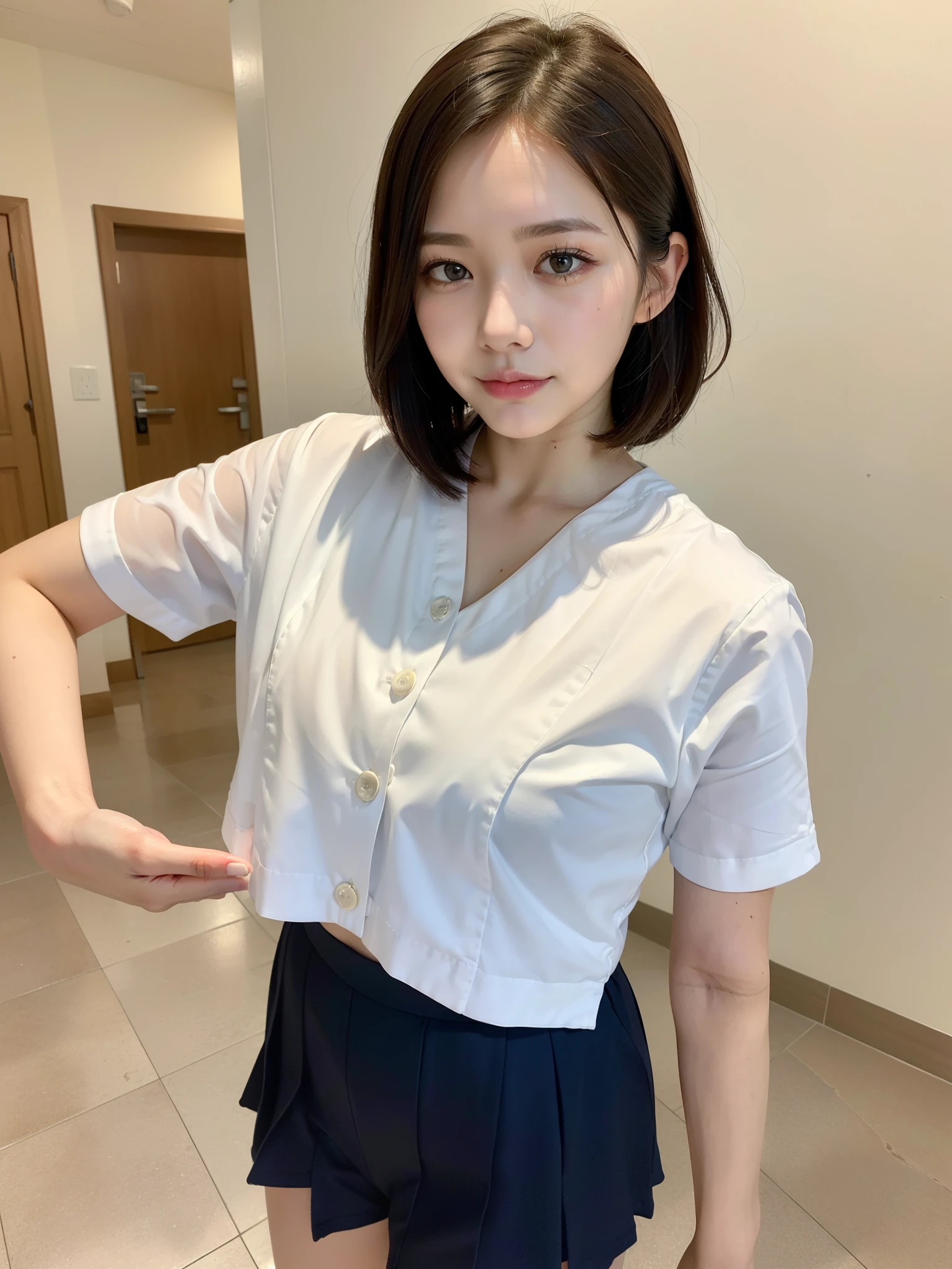 ((Best of the highest quality, 8k, Masterpiece: 1.3, raw photo)), Sharp focus: 1.2, (1 AESPA, slim body type female, 21 y/o: 1.1), (Solo: 1.2), (realistic, photo-realistic:1.37), face focus, cute face, finely eyes, (droopy eyes: 1.32), (Emphasize prominent aegyo-sal with bright: 1.2), shimmering eyeshadow applied under the lower lash line, paired with thick, (small breasts, flat chest, Thigh: 1.3), (short messy hair: 1.28), (sexynurse uniform: 1.32), walking hospital terrace, sun light, flower,