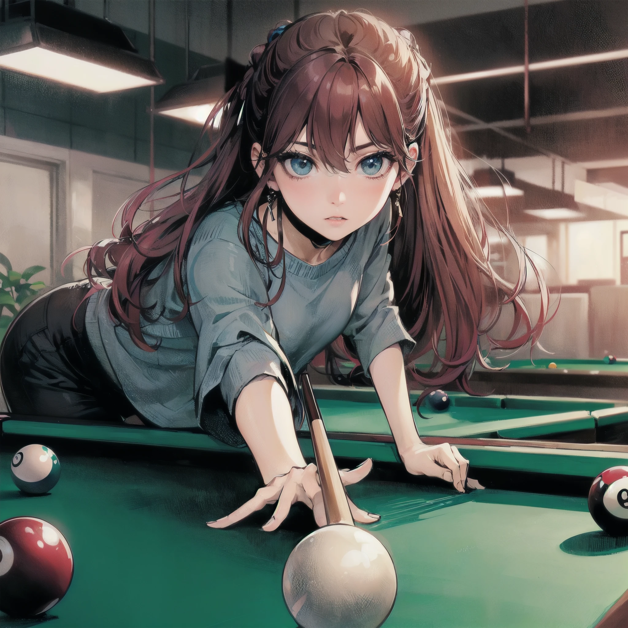  masterpiece, (textured skin), best quality, gorgeous beautiful girl, (a female billiard athlete), detailed clothes,large breasts,narrow waist,, (beautiful face), cinematic lighting, (at billiard venue),