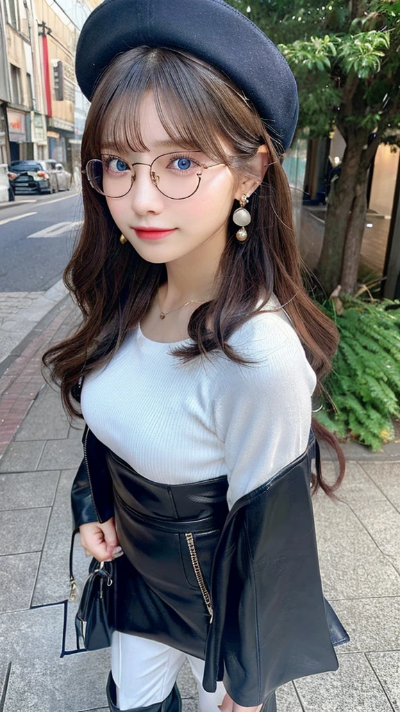 （３２hair,High resolution,High detail,High resolution,high density,alone,On top of that：1.3）,（A realistic person々,Live Action,Fine grain,High resolutionの目,Fine Eyes,Eyes that look alive,Beautiful dark blue eyes,Fishing eyes,Detailed lips,Translucent white skin,Realistic face in every detail：1.3）,（Japanese Ido,hairorean Idols,Japanese Model,hairorean models,hairorean hair-Pop Female Idols：1.2）,（Blushing,Natural Makeup,necklace,Earrings,へそEarrings：1.4）（Military Cargo Pants,A colorful top with an oversized silhouette,Rajkot,Leather boots,hairnitted hats,Mode Style, Beautiful casual look：1.6）,（Shapely breasts：1.5）,（Young but very beautiful hairorean１6 years old ,Cool eyes,Smile a little,turn around,looked back,Looking into the camera,Fashion Leader,Fashion Model,Soft Skin,Unforgettable Eyes,Her eyes are so beautiful,I want to go to the Paris Collection.........,Cutting-edge fashion：1.6）,（Please show me your whole body,Showing off full-body fashion,Stylish blue glasses：1.7）Large fake glasses