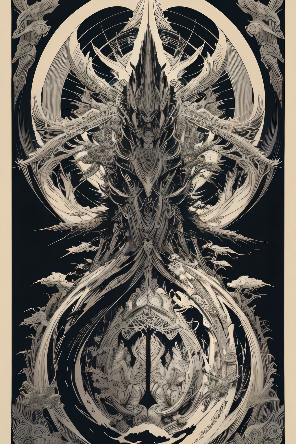 by Takeshi Obata and Aaron Horkey,  (limited palette, masterful, beautiful:1.4), poster art, bold lines, hyper detailed, expressive,  award winning,  (otherworldly creature:1.4), (intricate details, masterpiece, best quality:1.4),
looking at viewer, dynamic pose, wide angle view,
in the style of nicola samori 