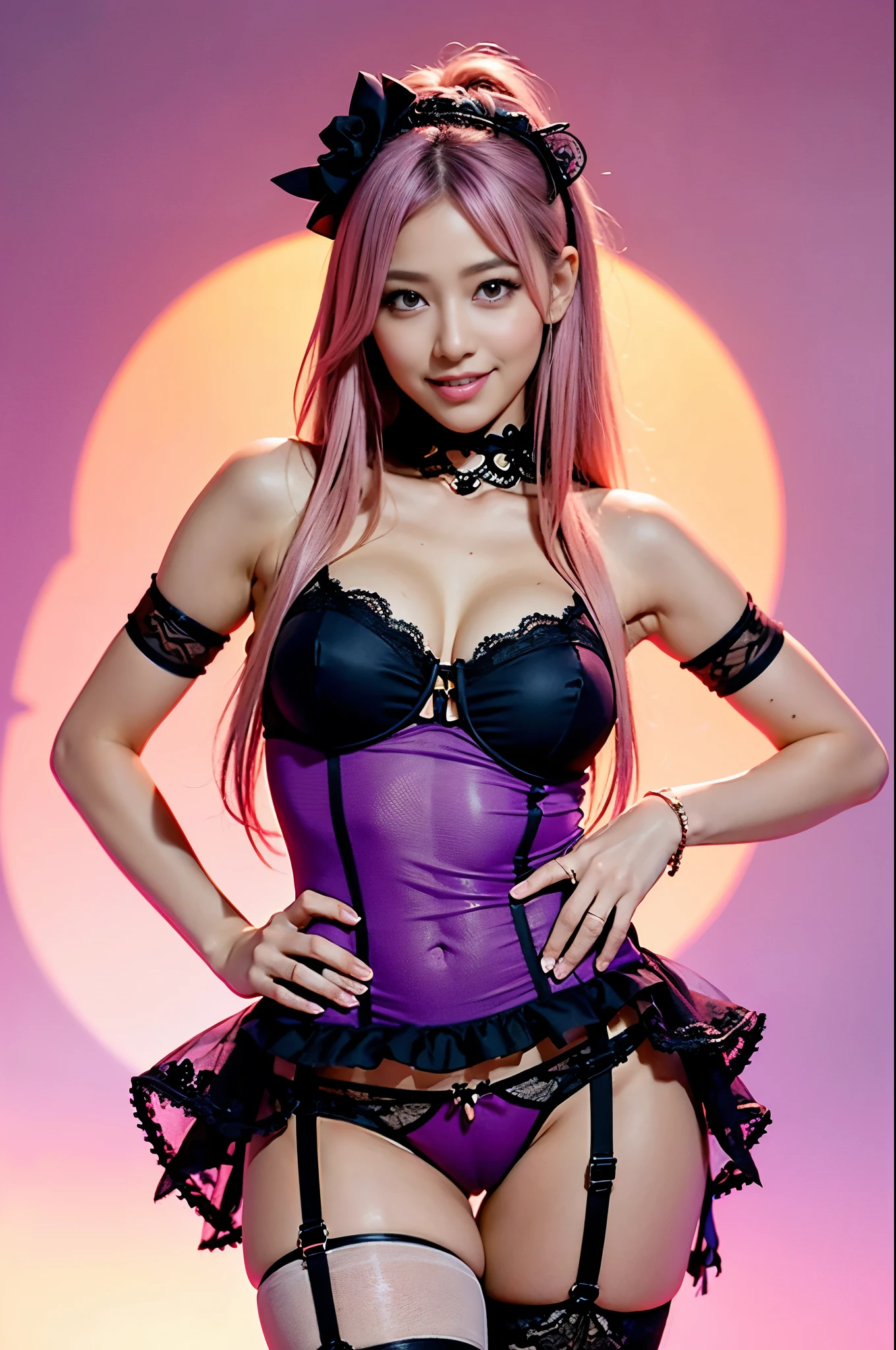 ultra realistic girl, orange and pink ombre background, closeup, halloween, goth, gyaru, purple flowing hair, garter belt, cute lack lace underwear, sweet and sexy, seductive pose, smile