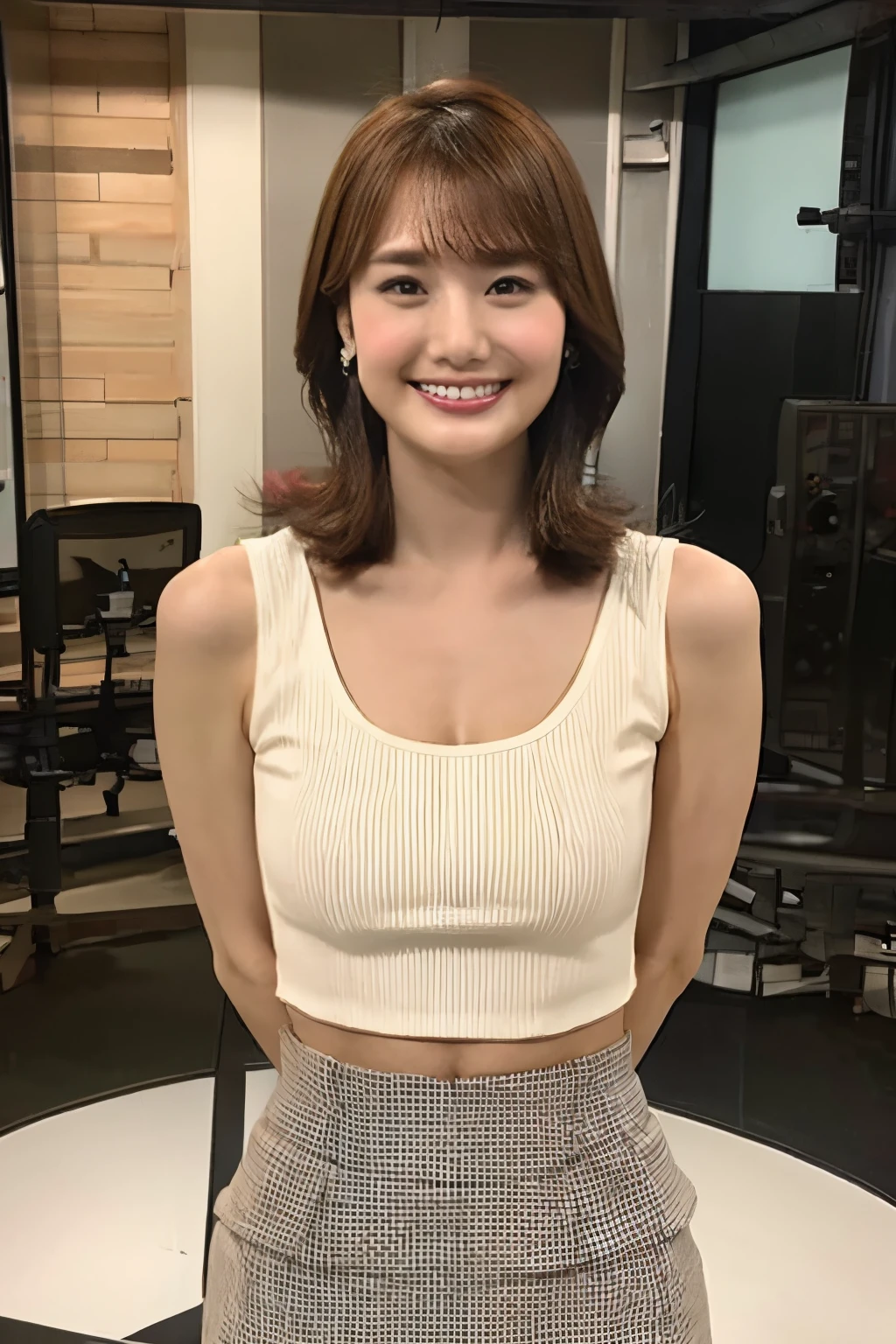 Brown Hair、With bangs、Smiling、Big Breasts、Slim body、White tank top、Red mini skirt、In the studio of a news program