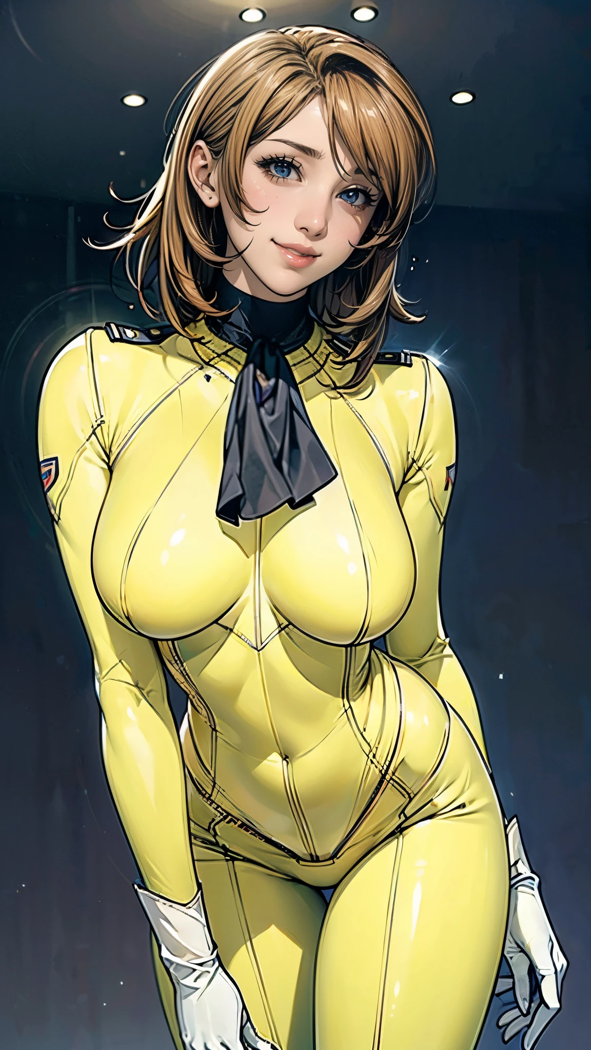 (masterpiece),(highest quality),(Very detailed),(High resolution),(Photorealistic Stick),(Realistic),(8k),wallpaper,Perfect lighting,break(One Woman),((moriyuki:1.5)),(Mori Bodysuit, Yellow bodysuit, belt:1.5),(Mori Uniform, White gloves, uniform, Brown jacket, Ascot, belt:1.5),(22 years old),(((Extremely form fitting bodysuit:1.5))),(((Very detailedなボディスーツの描画:1.5))),(Beautiful Eyes:1.5),(Detailed face drawing:1.5),(Detailed face drawing:1.5),((Very detailedな女性の手:1.5)),(Shiny skin:1.0),(((Very muscular:1.5))),((Big Breasts:1.5)),(Wall thickness),(((Thick thighs:1.5))),(Sensual body),(Black background:1.5),(((Blur the background:1.5))),(((Leaning forward:1.5))),(((A gentle smile:1.5))),(From below:1.4)