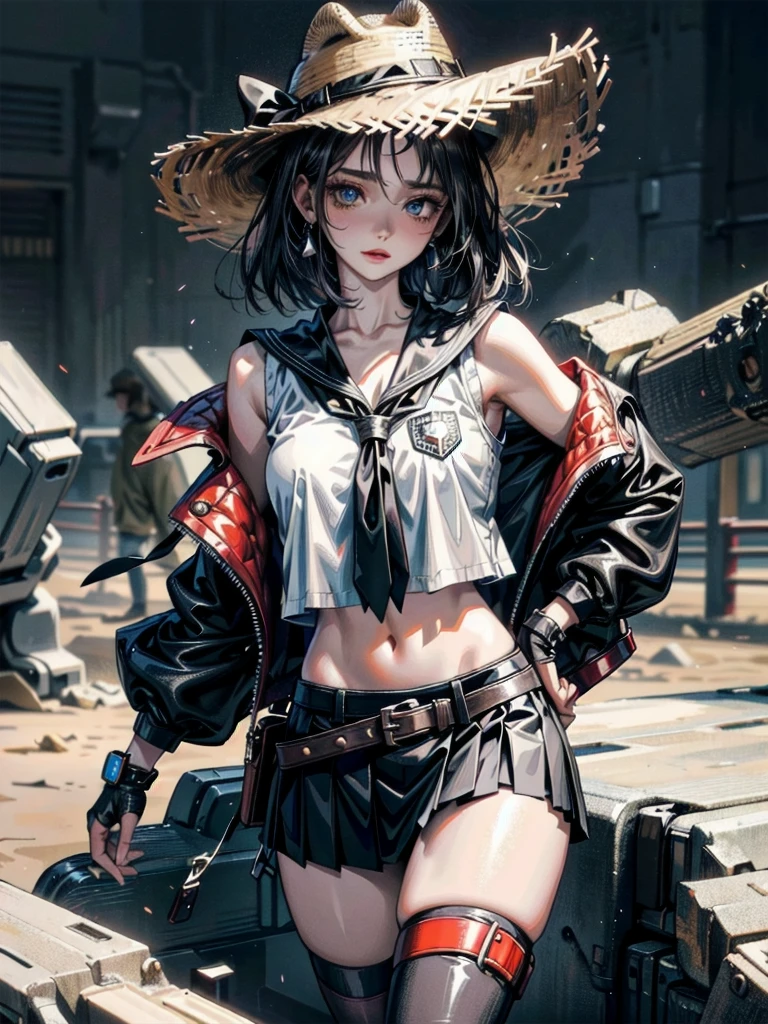 full body shot, cowgirl costume, vest, cowboy hat, fingerless gloves, midriff, neckerchief, short skirt, holster, absurdres, RAW photo, extremely delicate, extremely beautiful, masterpiece, Best Quality, ultra high resolution, 32k, hyperrealistic, ultra-detailed description, perfect anatomy, correct body, ideal ratio of body proportions, pale skin, 20 years old, detailed beautiful face, detailed beautiful face eyes, tearful mole, earring, short medium hair, black hair, Colossal tits,