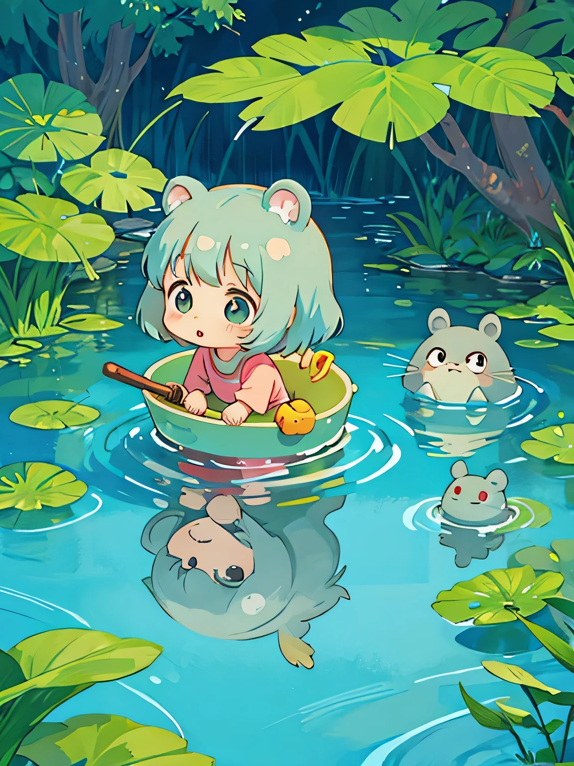 Hayao Miyazaki style, Kawaii Design, The most beautiful girl of all time、Chibi, Playing in the water with Totoro