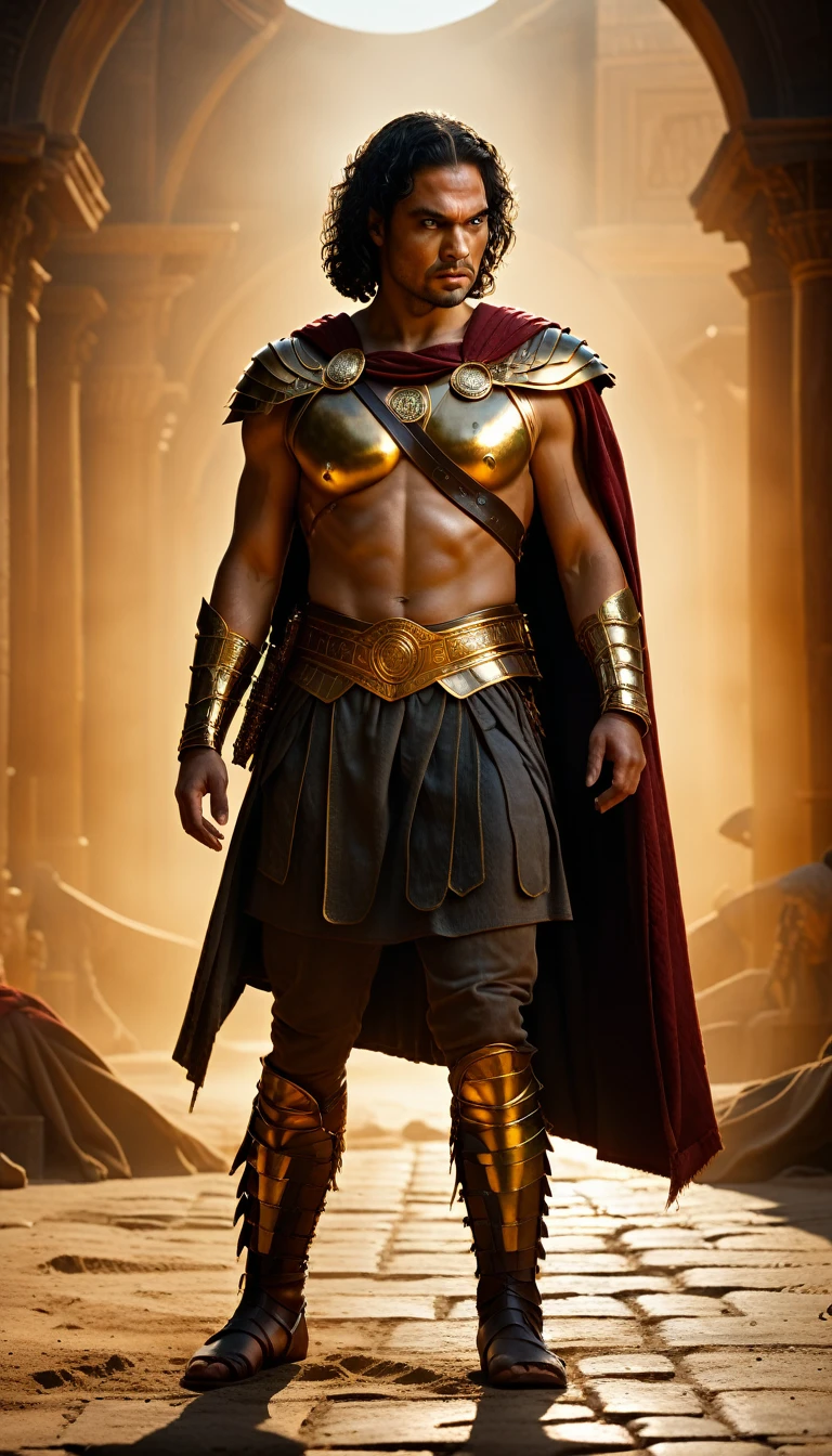 As the sun began to set, The warm golden hues of the sun illuminated his ornate attire, casting a warm glow across the area, Ground-level shot, Intense gladiator duel, set in ancient Rome, historical painting, background dark, hyper realistic, ultra detailed hyper realistic, photorealistic, Studio Lighting, reflections, dynamic pose, Cinematic, Color Grading, Photography, Shot on 50mm lens, Ultra-Wide Angle, Depth of Field, hyper-detailed, beautifully color, 8k, golden light from the front, scene from dune 2 0 2 1 movie, film still from dune 2020, jason momoa as assyrian, henry cavill as a warrior, maximus jacobs, prince of egypt, in screenshot from the 300 movie