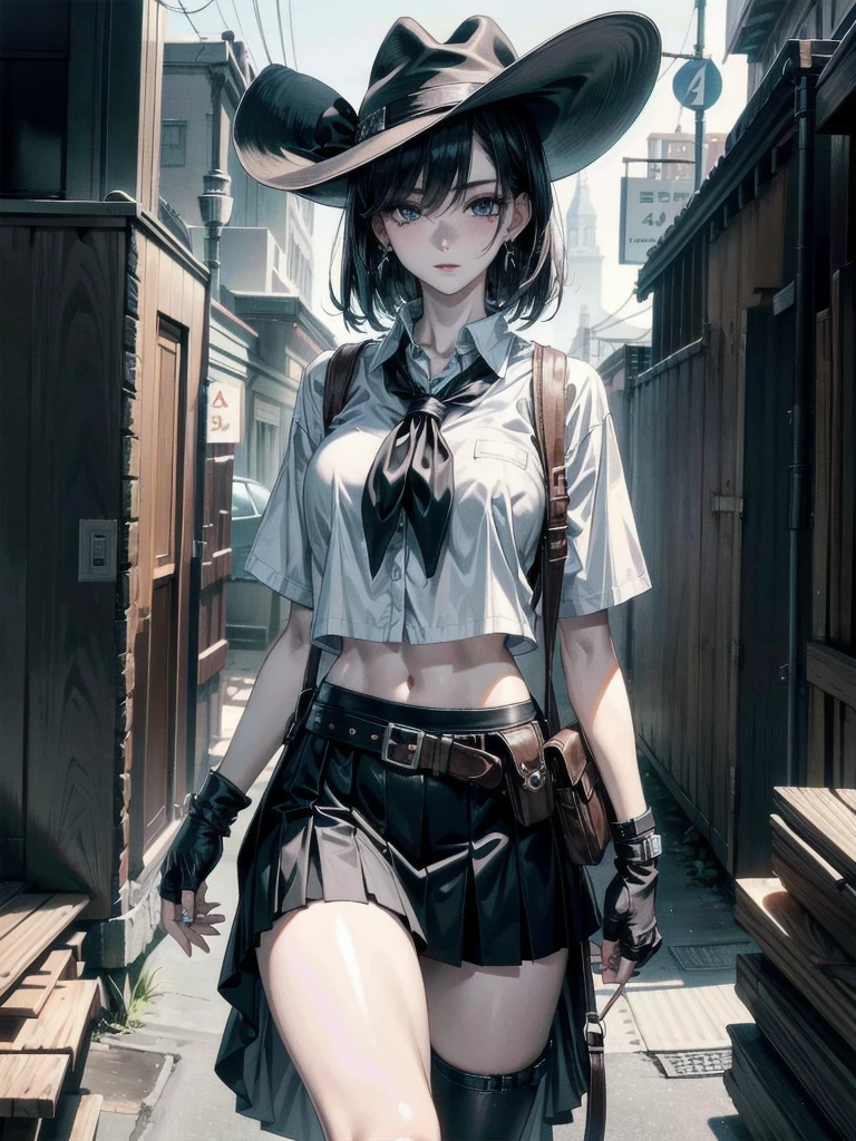 full body shot, cowgirl costume, vest, cowboy hat, fingerless gloves, midriff, neckerchief, short skirt, holster, absurdres, RAW photo, extremely delicate, extremely beautiful, masterpiece, Best Quality, ultra high resolution, 32k, hyperrealistic, ultra-detailed description, perfect anatomy, correct body, ideal ratio of body proportions, pale skin, 20 years old, detailed beautiful face, detailed beautiful face eyes, tearful mole, earring, short medium hair, black hair, Colossal tits, 