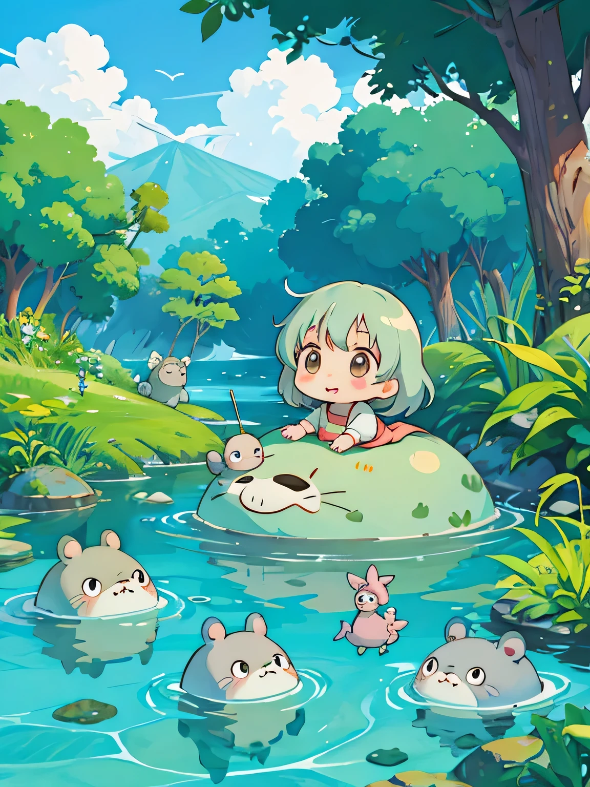 Hayao Miyazaki style, Kawaii Design, The most beautiful girl of all time、Chibi, Playing in the water with Totoro